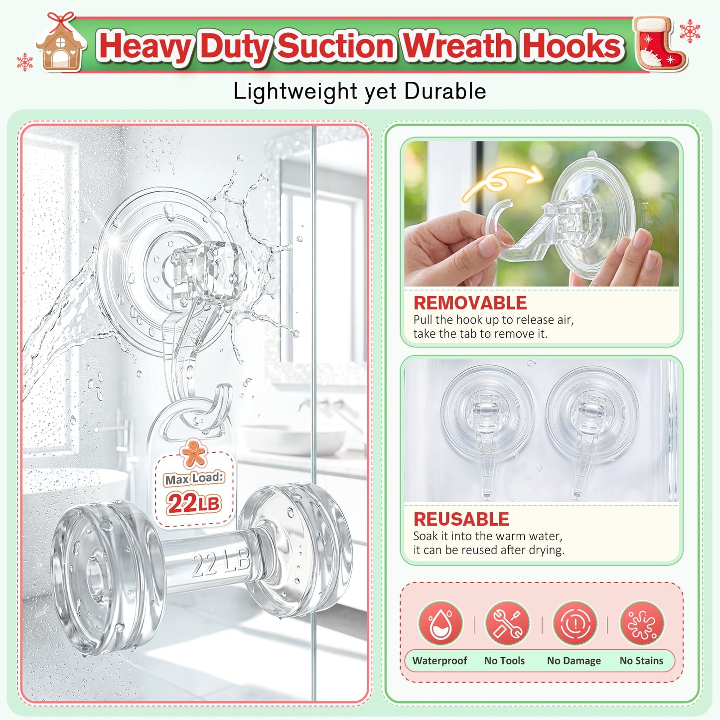 VIS'V Wreath Hanger, Large Suction Cup Wreath Hooks, Heavy Duty, 22 LB Capacity, Removable and Reusable, Clear, 2 Pcs