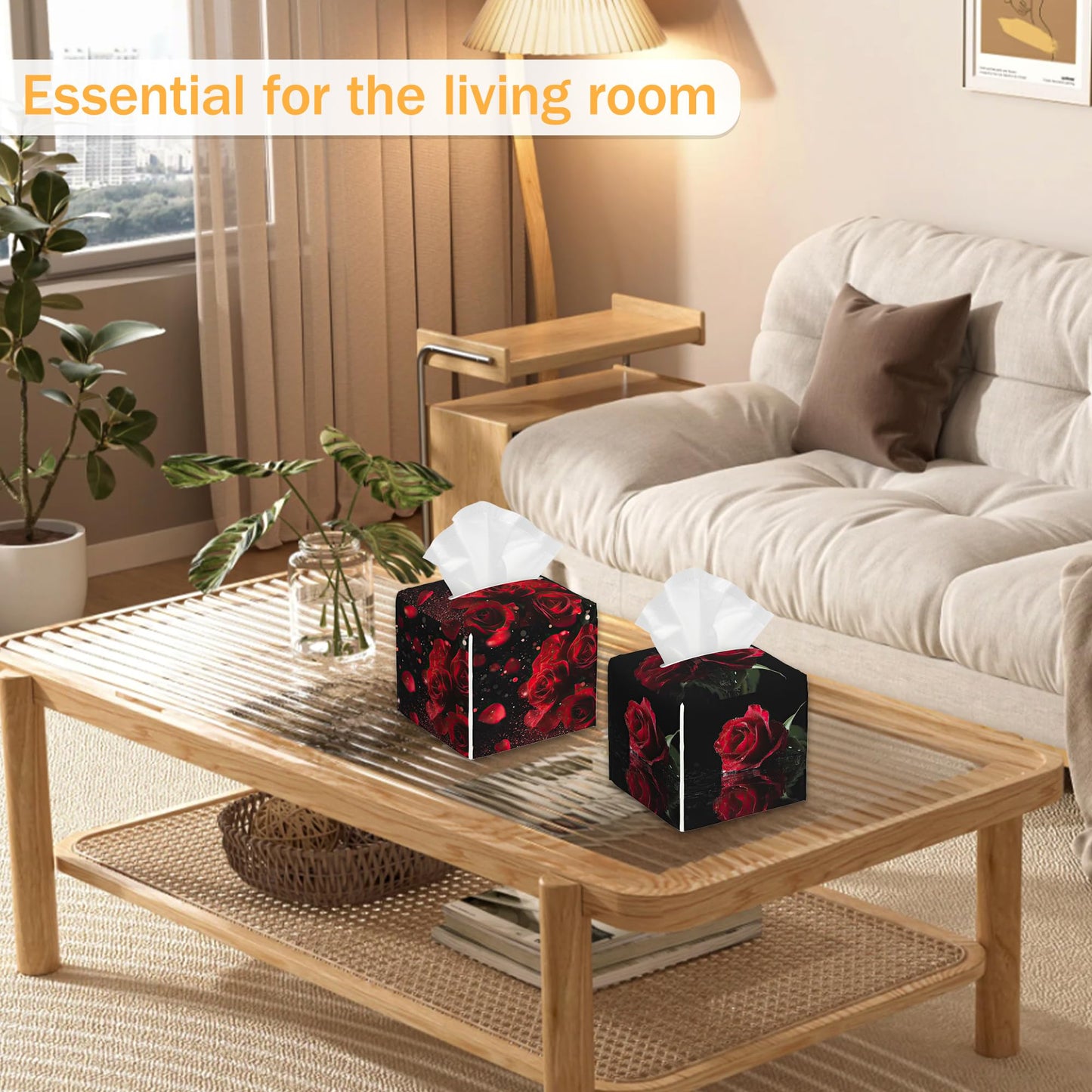 2 Pcs Tissue Box Cover Square Leather Tissue Case Holder Facial Paper Organizer Decorative for Bathroom Kitchen Car Office Home Decor (Rose Flowers Valentines Day)