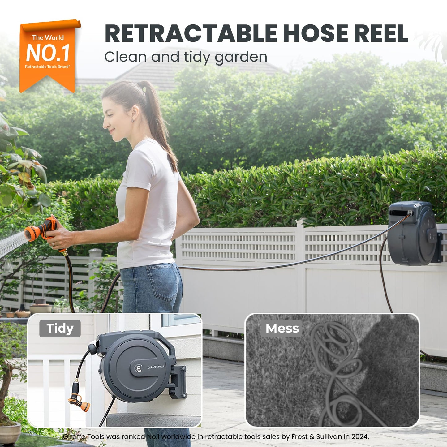 Giraffe Tools Retractable Garden Hose Reel, 5/8" x 90 ft Pro Wall Mounted Hose Reels with 180° Metal Bracket, Any Length Lock Hose Reel with 9- Function Sprayer Nozzle