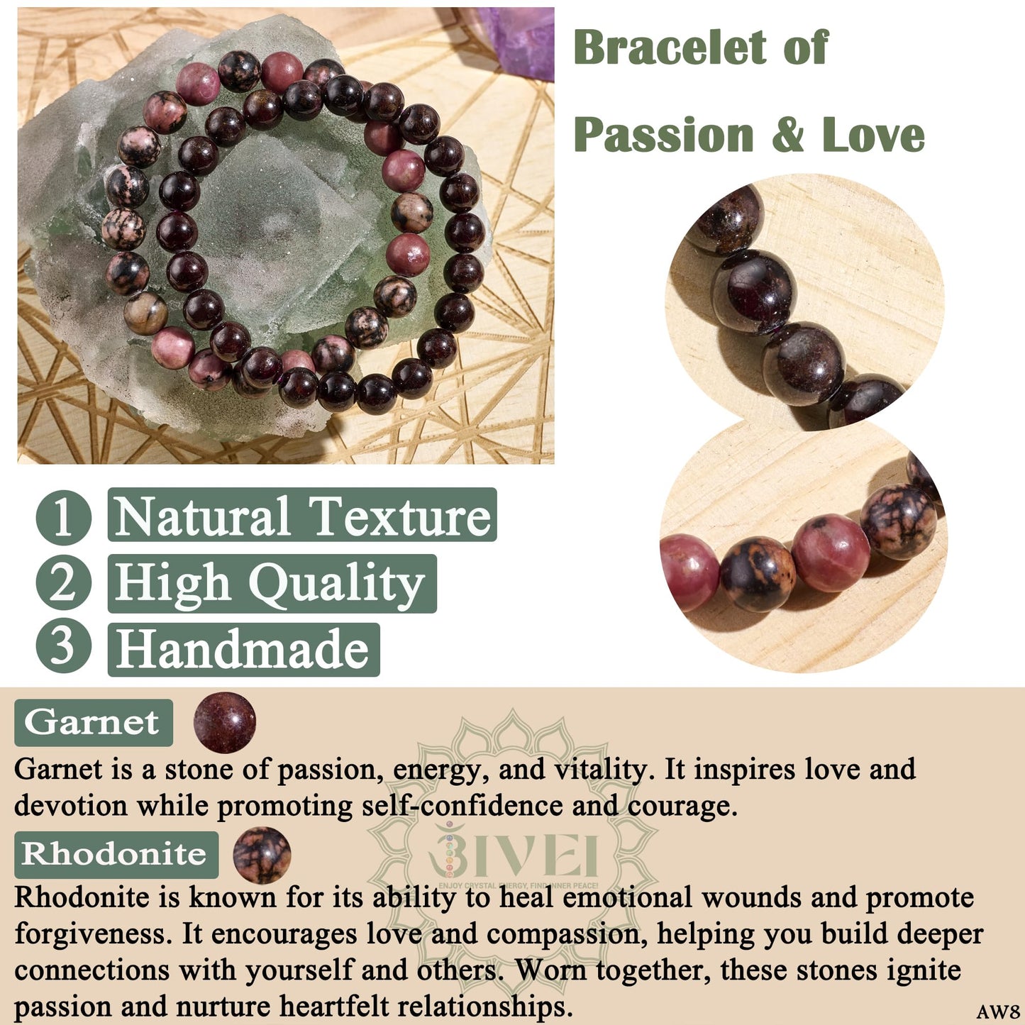 Bivei Natural Gemstone Semi Precious Crystals Handmade Stretchy Round Beads Bracelet, Enhance Positive Energy,Stocking Stuffers for Women(Garnet & Rhodonite(Passion & Love) Medium)