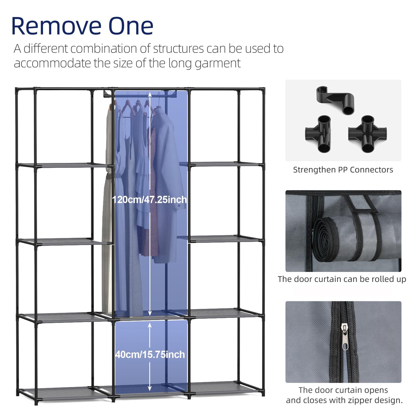 HODYANN Portable Closet, Wardrobe Closet with 10 Storage Shelves and 2 Hanging Rods, Non-Woven Fabric Cover, 52.4 x 18.1 x 66.6 Inches Closet Organizer for Bedroom, Gray