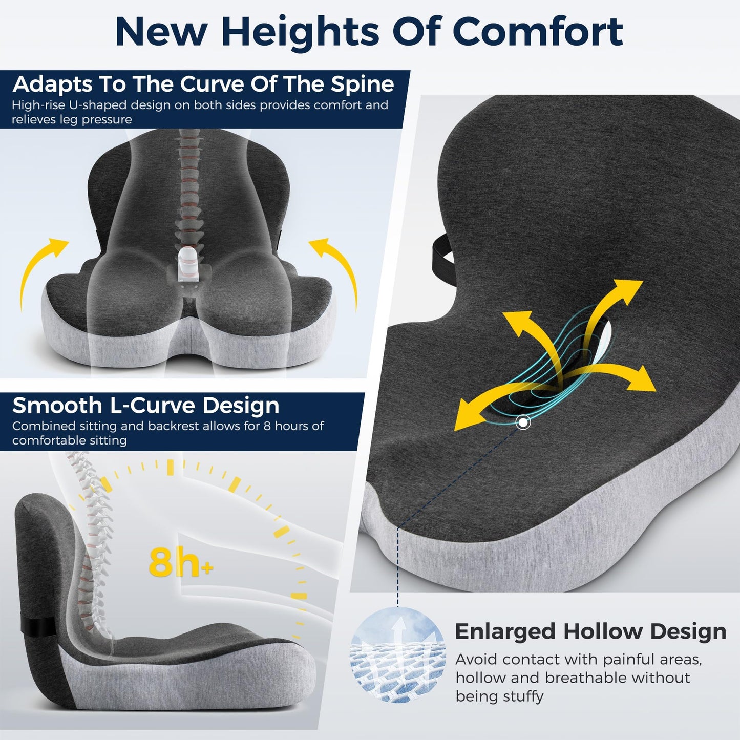 Seat Cushion, Office Chair Cushions for Tailbone Relief, Seat Cushions for Office Chair with L-Shaped Ergonomic Design & Adjustable Strap, Memory Foam Chair Cushion for Long Sitting Worker(Black Gray)
