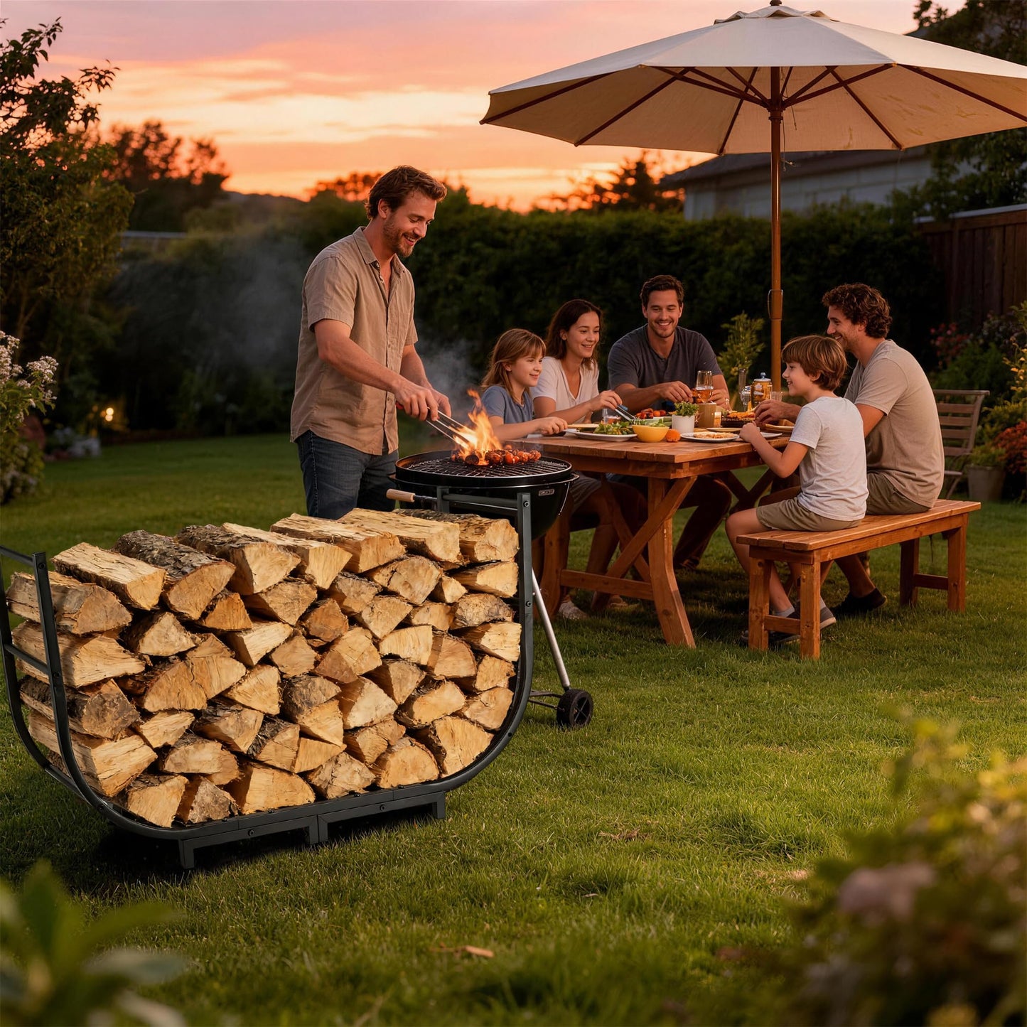 facka Curved Firewood Rack, Indoor Outdoor Log Firewood Holder, Metal Fireplace Wood Storage, Waterproof & Rustproof(Curved 40Inch Rack)