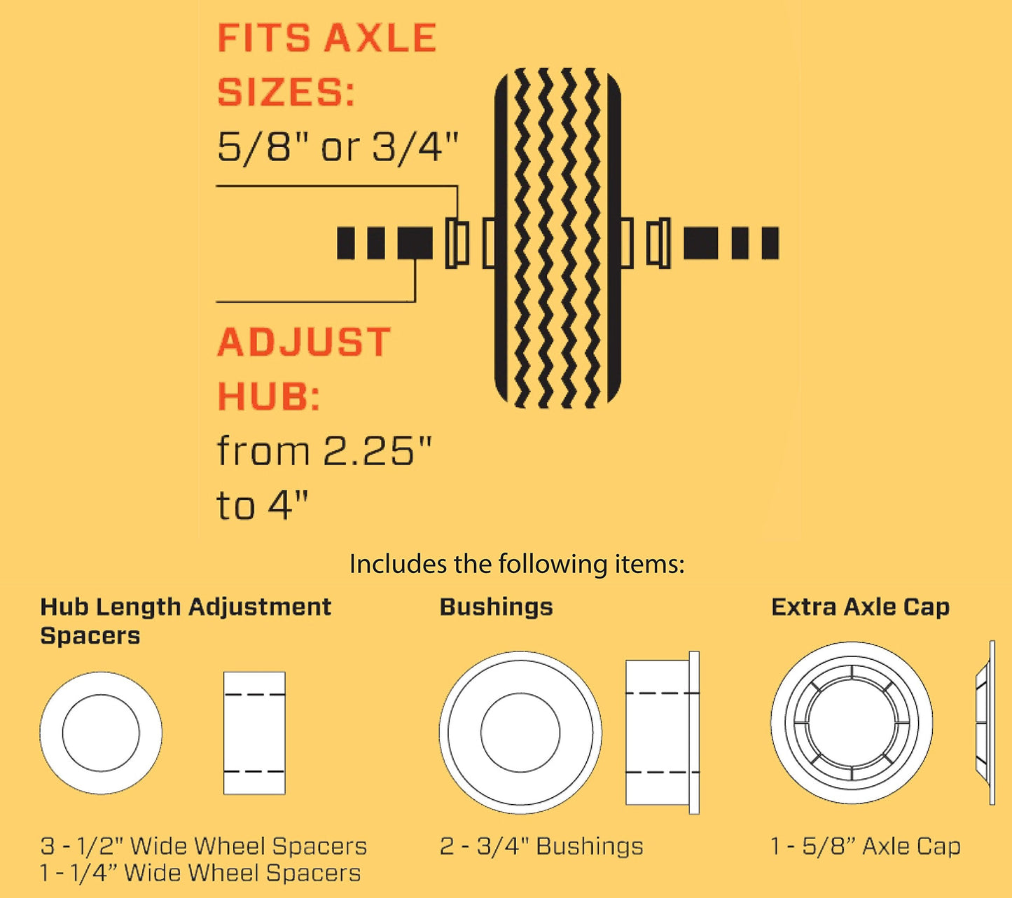 Universal Fit 4.10/3.50-4 Air Filled Hand Truck/Utility Tire, 5/8" Bearings,2.25" Offset to 4" Hub, Adapter Kit Included