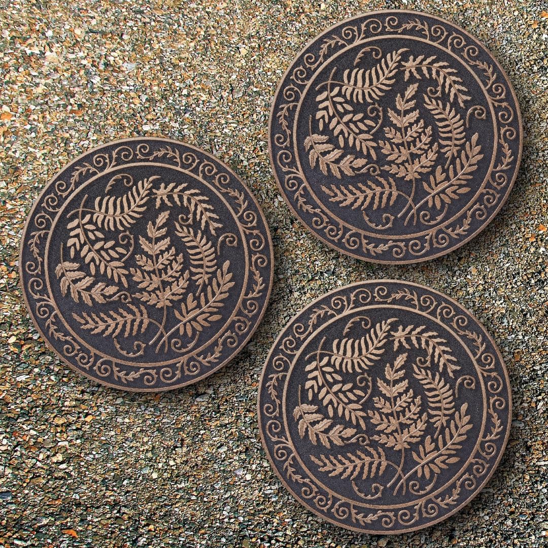 Home Furnishings By Larry Traverso HF by LT Deluxe Rubber Stepping Stone, Fern Medallion Design, Heavy Duty 13"" All-Weather Garden Tile, Black with Antique Bronze Finish, Set of 3, TR0787