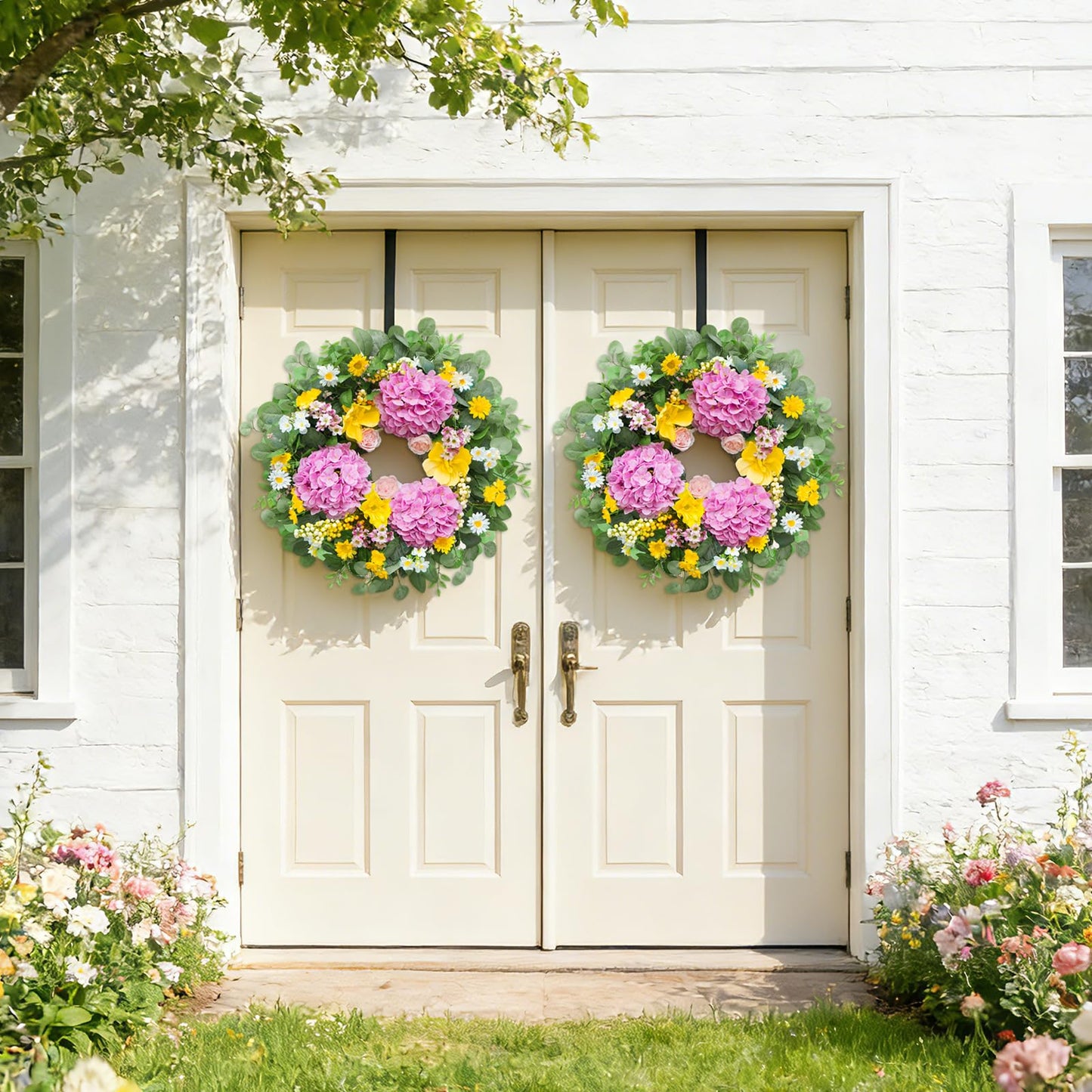 Rimalo 24 Inch Spring Summer Wreaths for Front Door - Summer Wreath with Vibrant Hydrangea, Roses, Daisies and Yellow Berries for Porch, Mantel, Farmhouse Home Decor, Outdoor Artificial Flower Wreath