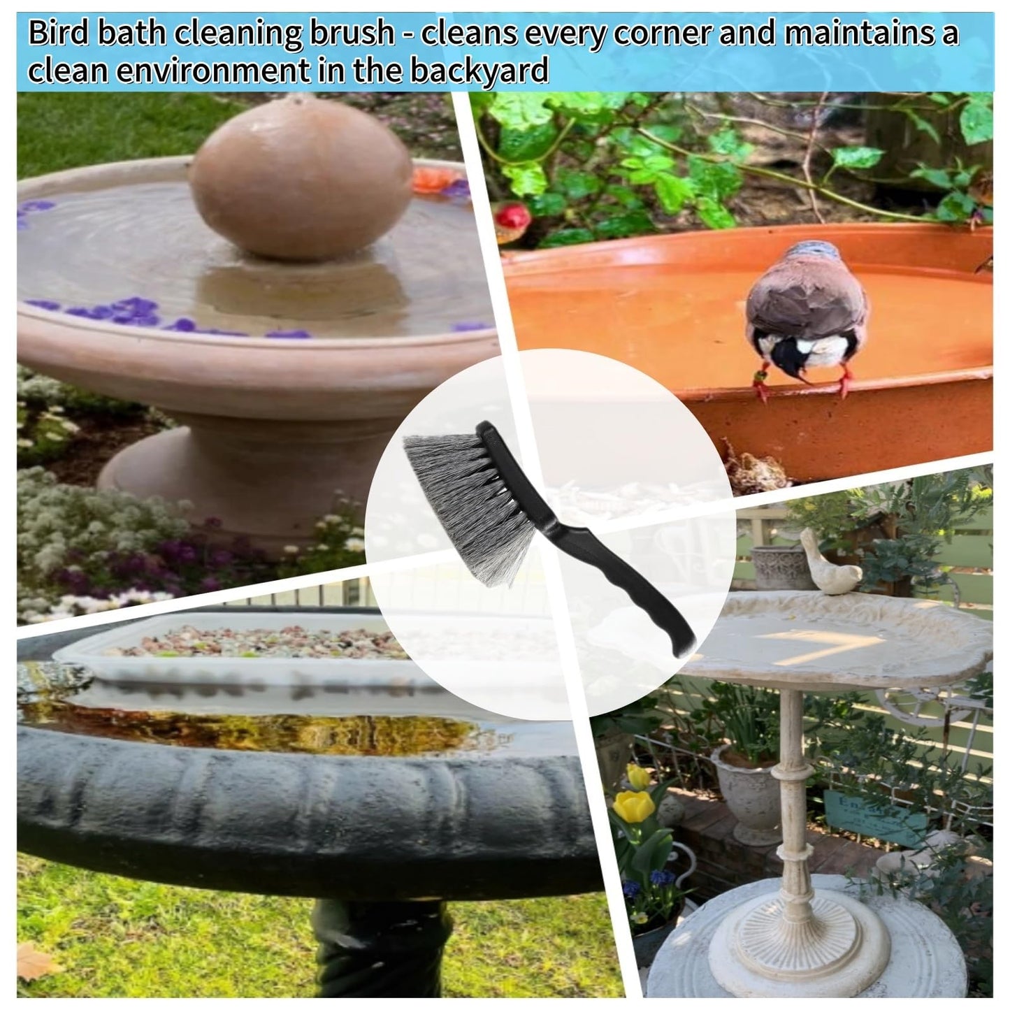 Bird Bath Brushes for Cleaning, Heavy Duty Outdoor Scrub Brush for Bird Feeders & Water Fountains, Concrete Fountain Cleaner Brush with Stiff Bristles, Safe for Birds, 9.44 Inch with Hanging Hole