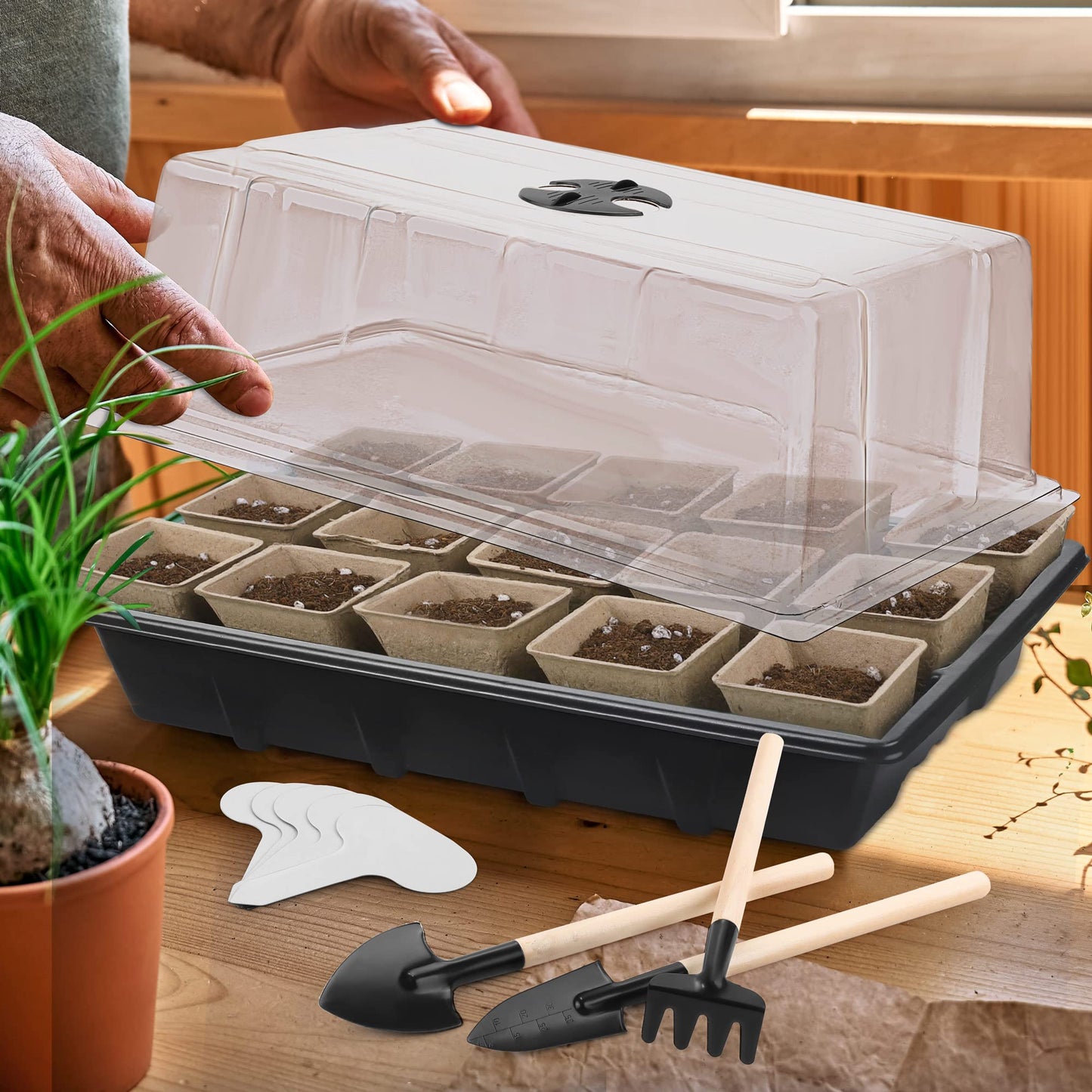 Hahood 4 Pack Seed Starter Tray Kit, 120 Square Seed Peat Pots for Seedlings with Plants Labels, Planting Tools, Plastic Growing Germination Trays with Lids for Indoor Outdoor Gardening, Black