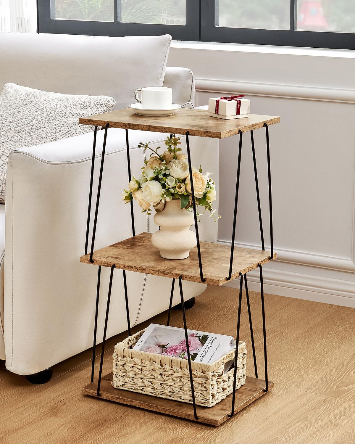 KJGKK Tall Side Table, Small End Table, 29 inch High Entryway Table, Bedside Table for Living Room, Bedroom and Office, Greige & Black