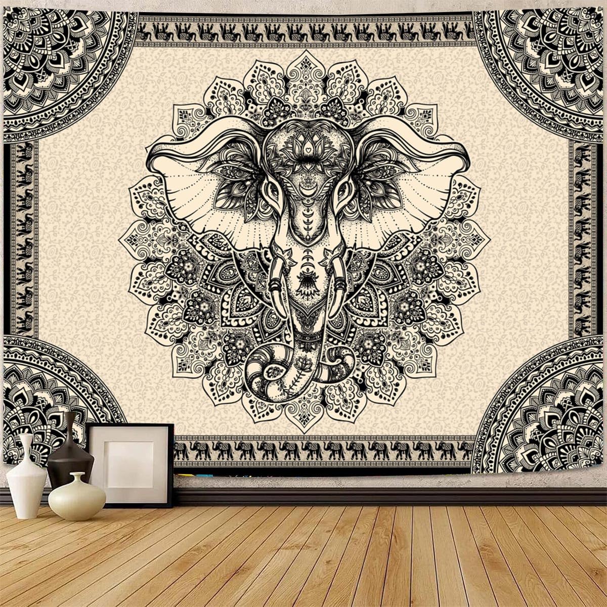 AACKart Mandala Elephant Wall Tapestry, Bohemian Hippie Boho Trippy Indie Aesthetic Home Tapestry, Black Yoga Mystic Vintage Wall Hanging for Bedroom Living Rooms College Dorm Studios-59x51 Inches