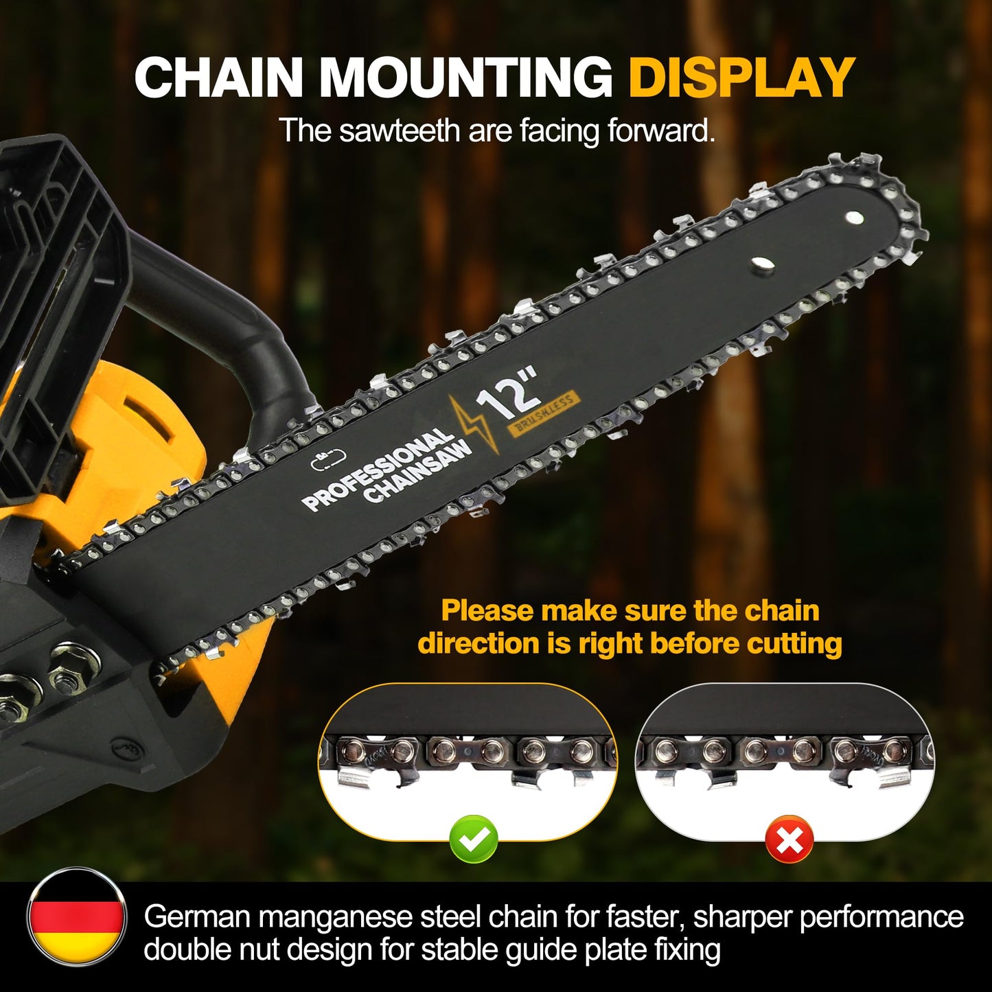 Brushless Electric Chainsaw 12" Cordless Tool Only for Dewalt 20V/60V Battery with Auto Oiler & Security Lock, for Tree Saw Trimming and Branch Wood Cutting (Tool Only)