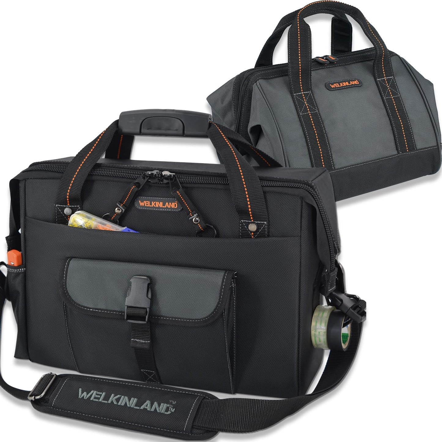 WELKINLAND 25-Pocket Electrician Tool Bag & Small Tool Bag Set, Wide-Opening Technician Tool Bags, Tools Bag W/ 13'' Laptop Compartment, Stay-Up Travel Tech Tools Bag, HVAC Service Tech Tool Bags
