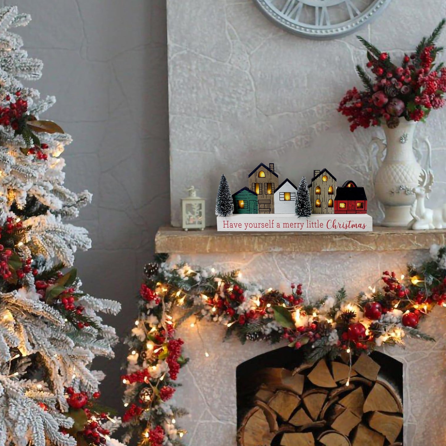 Christmas Decorations for Home Led Lighted Merry Christmas Tree Decor with Timer Wooden Rustic Farmhouse Tabletop Block Xmas Party Holiday Signs