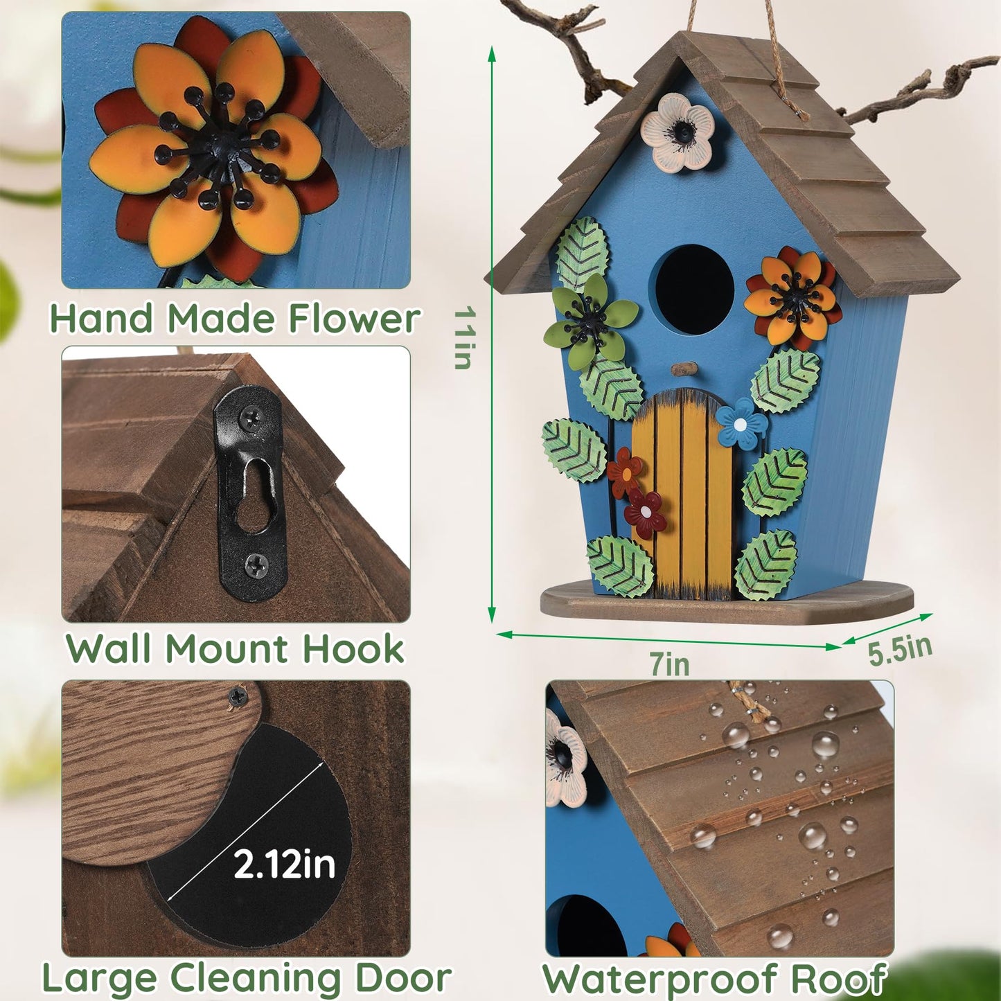handrong Bird Houses for Outside,Wooden Blue Birdhouse,Decorative Birdhouses for Outdoors,Hanging Bird Houses,Bird Box Nest,Humming Bird House for Outside,Bird Gifts for Bird Lovers