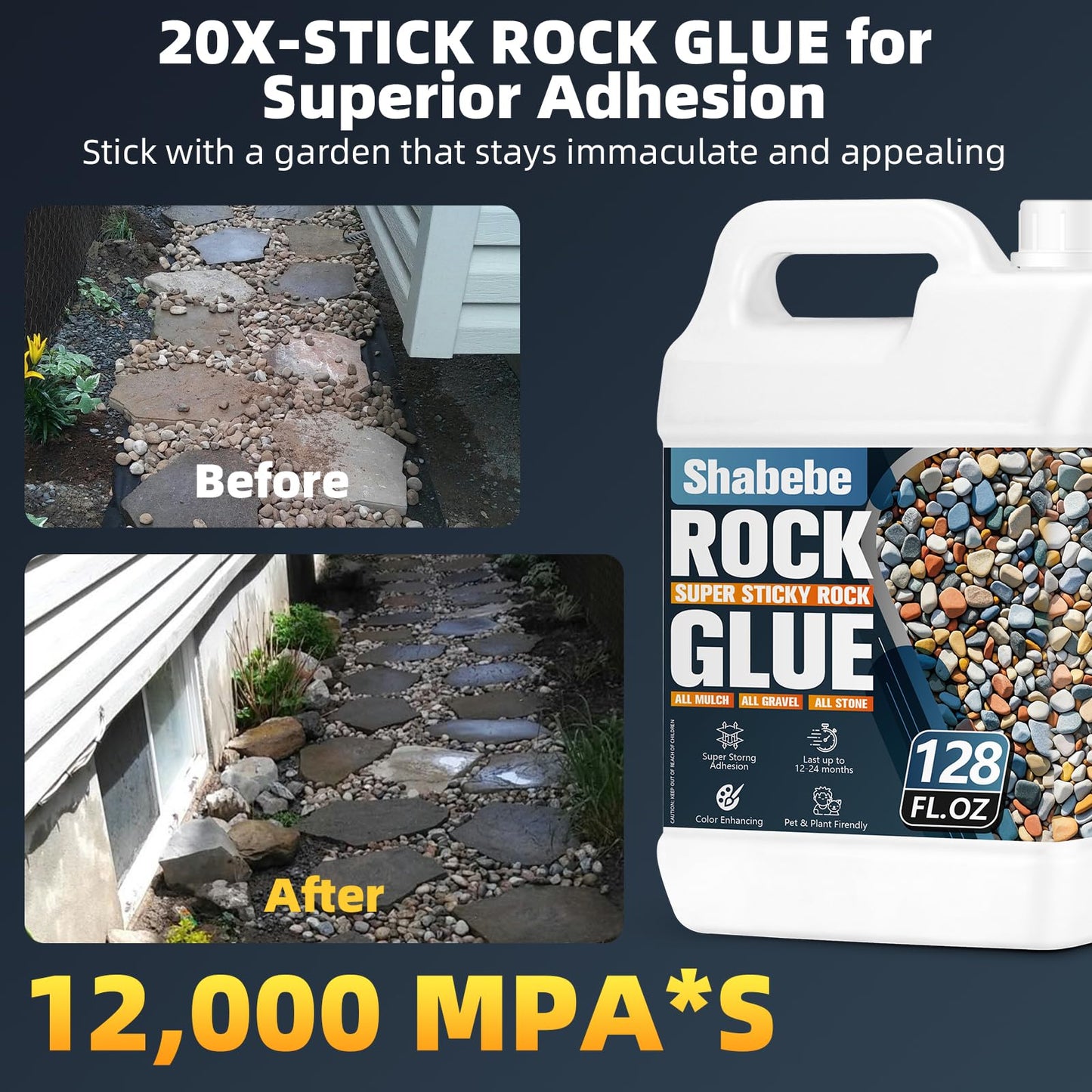 Shabebe Rock Glue for Landscaping – 2 Gallon Mulch Glue with Grip Max, Strong Adhesion& Max Coverage Gravel Binder for Rocks, Gravel & Pine Straw, Covers Up to 3X Area, Fast-Drying & Weather-Resistant