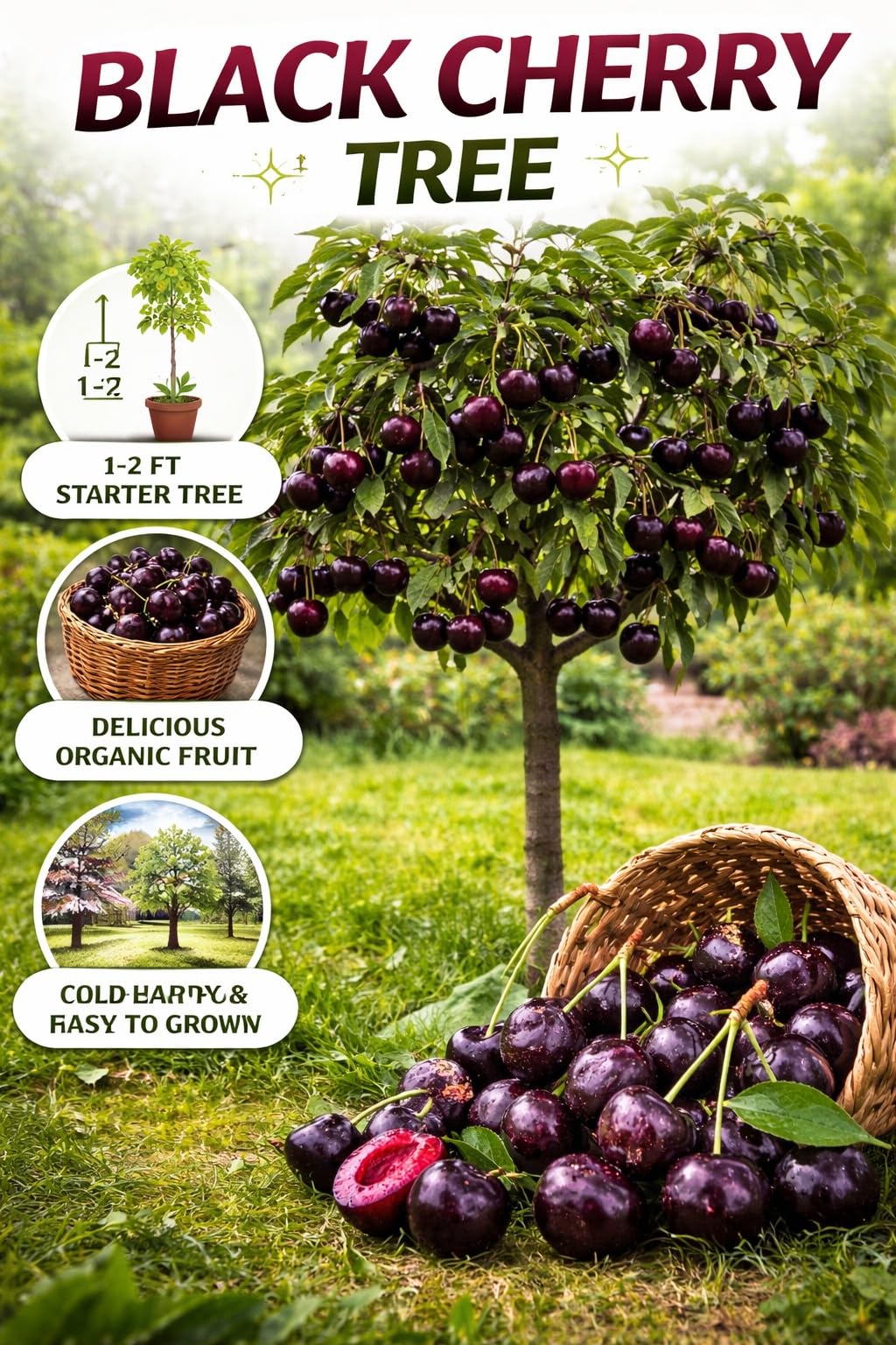 3 Black Cherry Tree Live Plants 1–2 Ft Tall (Prunus serotina) – Fast Growing Native Fruit Tree – Edible Cherry, Wildlife Habitat & Backyard OrchS Plants