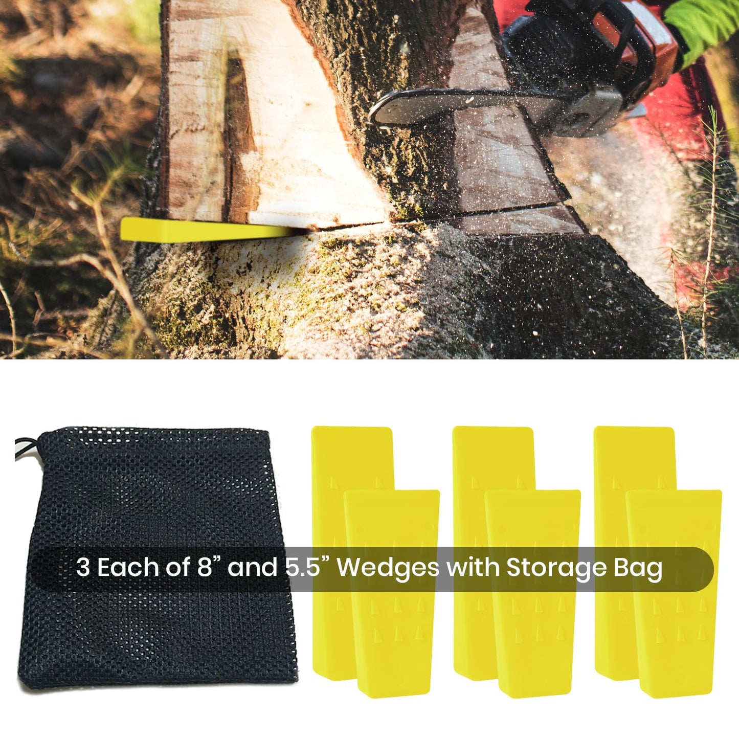 6 Pack Tree Felling Wedges with Spikes for Safe Tree Cutting – 3 Each of 8” and 5.5” Wedges with Storage Bag; 6 Felling Dogs to Guide Trees Stabilize and Safely to Ground for Loggers and Fallers