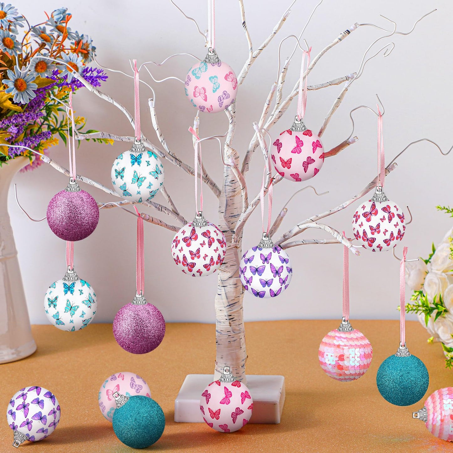 Zeyune 16 Pcs 1.97 Inch Spring Tree Ornaments Summer Butterfly Decorations for Small Tree Hanging Seasonal Holiday Balls Ornaments