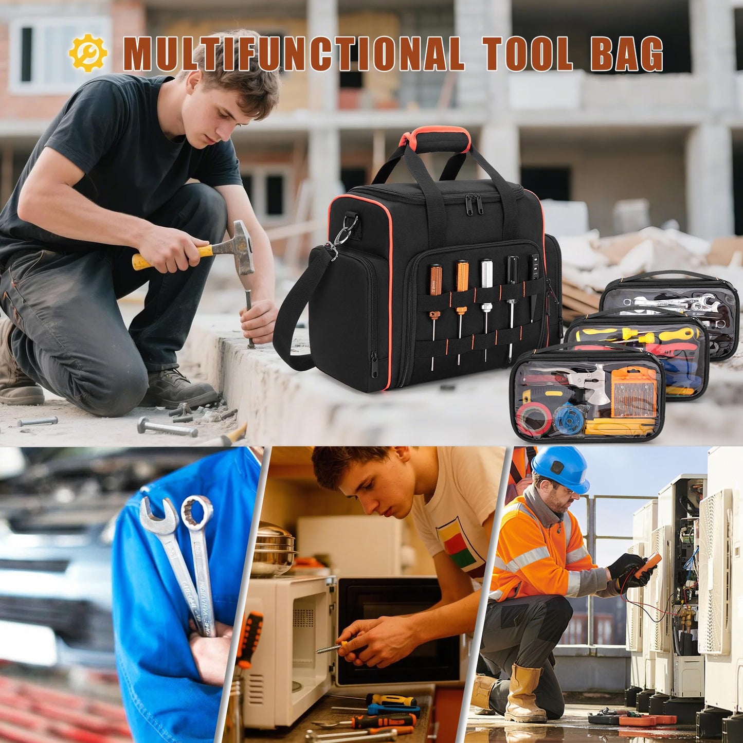 Marscamd Tool Bag with 3 Removable Cases, 2 Layers Tool Tote for Hand Tools, Black with Red Binding