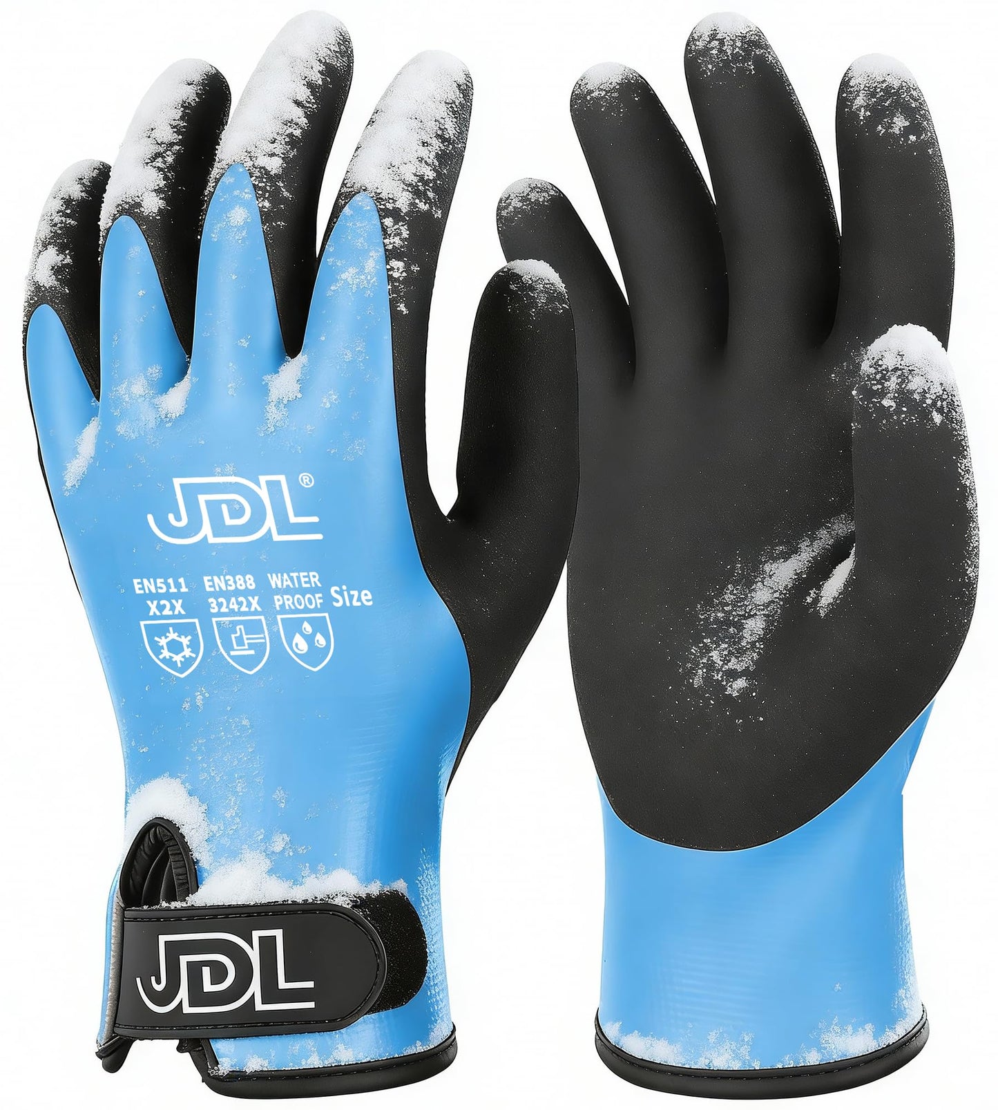 JDL 100% Waterproof Winter Work Gloves for Men & Women, Thermal Insulated Freezer Gloves for Cold Weather, Super Grip Palm, Blue, Large, X-Large