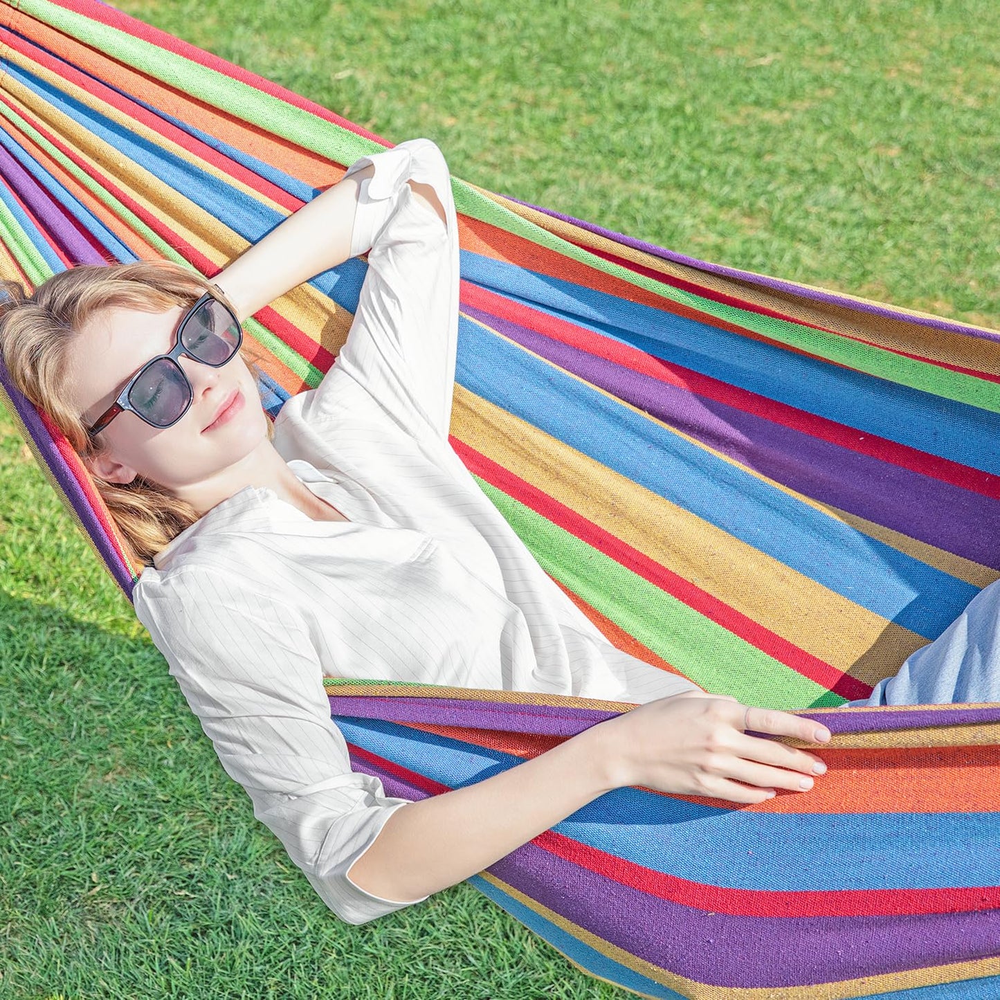 GAFETE Double Hammock with Stand for Outside, Upgraded Spreader Bar, Heavy Duty Space Saving Steel Stand 2 Person, Side Pockets, Easy Assembly, 600lbs Weight Capacity, Indoor & Outdoor (Classic Red)