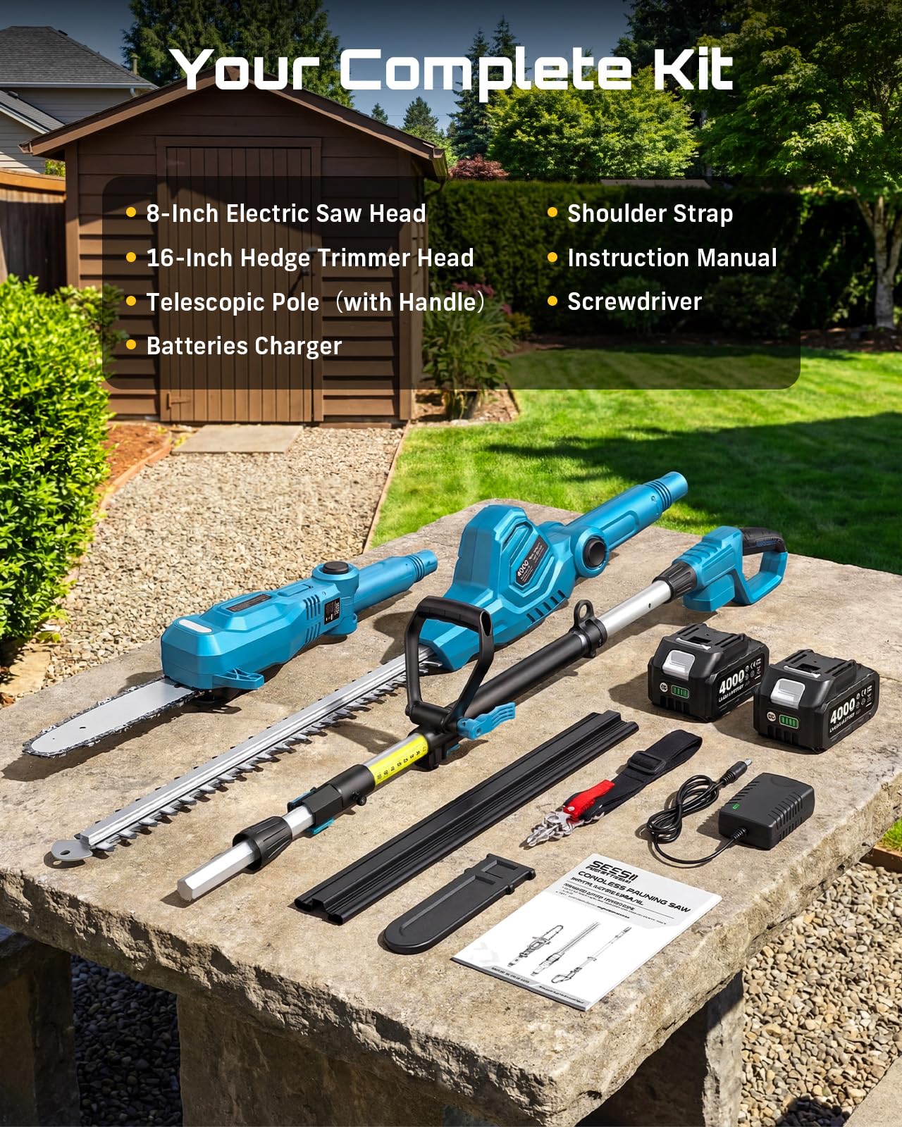 SEESII 2-in-1 Cordless Pole Saw & Hedge Trimmer Combo, 8" Electric Pole Chainsaw with 2×4.0 Ah Batteries, 16-Inch Extension Pole Hedge Trimmer, Bush Tree Pruner Limb Branch Cutter, 15ft Long Reach