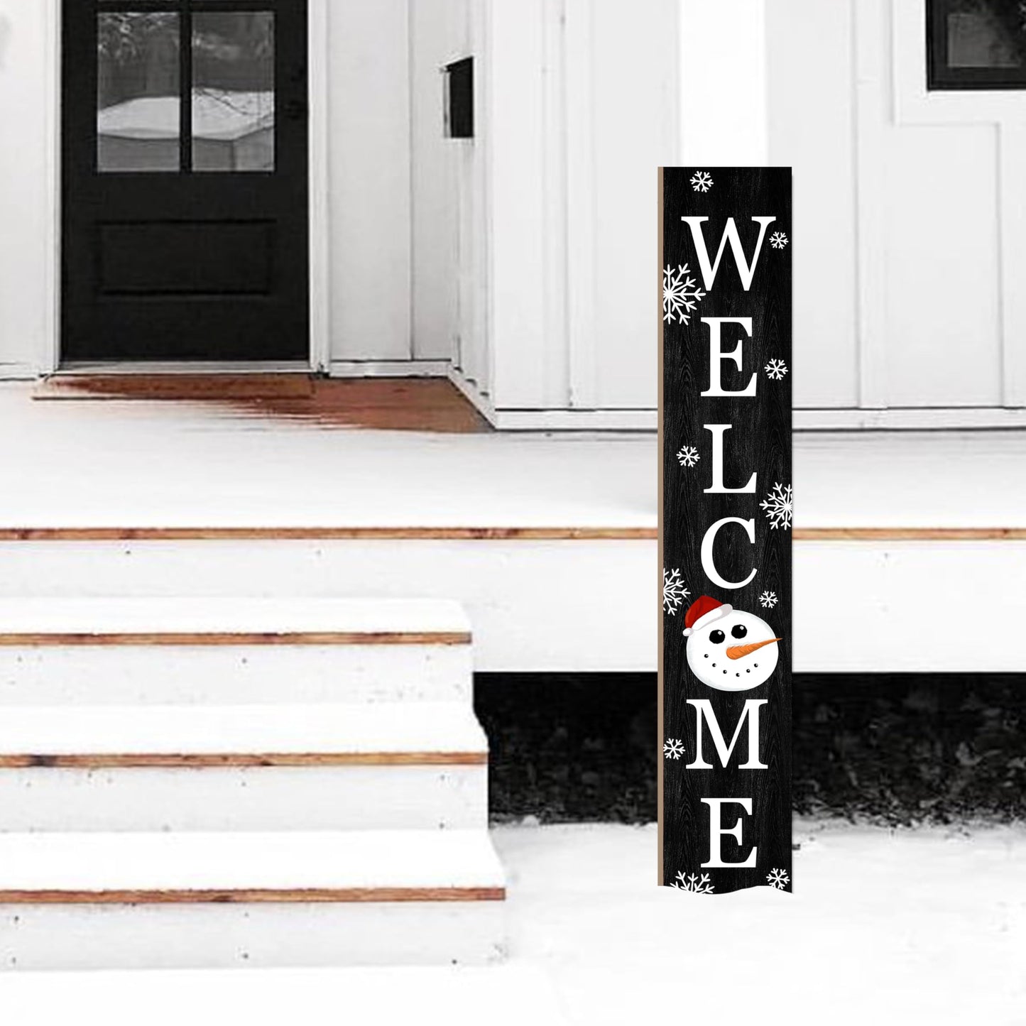 Winter Welcome Sign Vertical Porch Sign with Snowman and Snowflakes Black Wood Outdoor Christmas Holiday Decor for Home Outdoor Yard Party