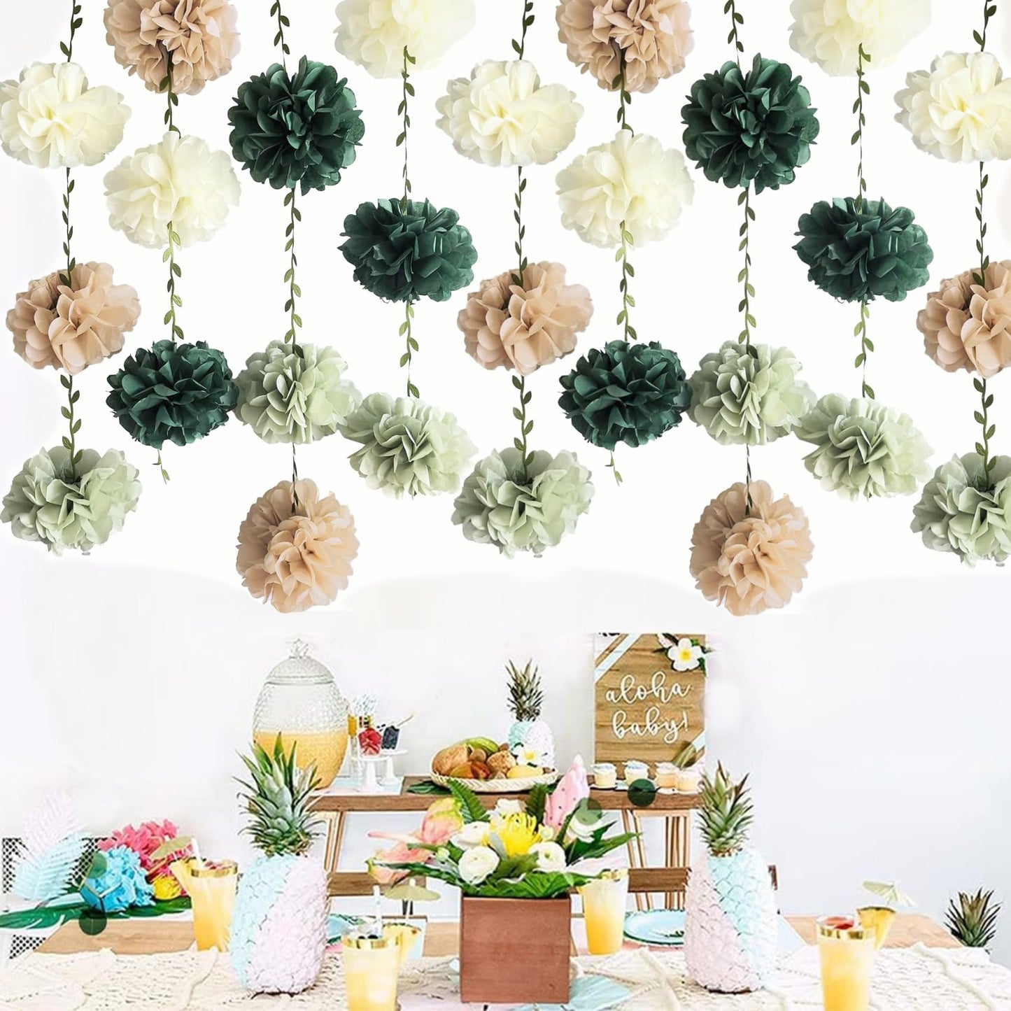 Tissue Paper Flowers Pom Pom Garland with Leaf Ribbon, 2 PCS 8.2ft Hanging Streamer for Wedding, Baby Shower, Rustic Boho Party Decor, Green Beige Neutral Tones, Reusable & Easy to Assemble
