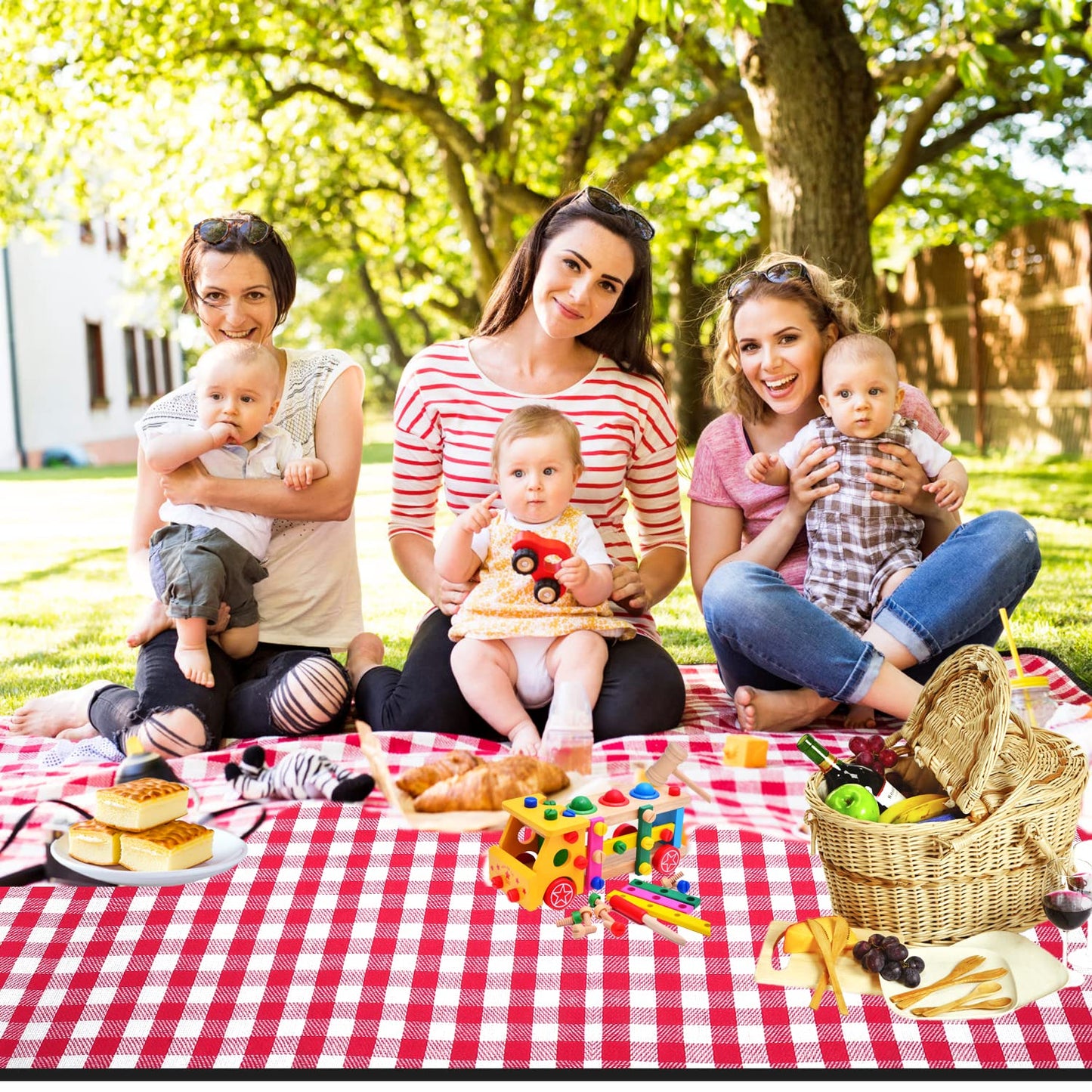 RealPero Extra Large Picnic Blanket, 80"x60" Waterproof Sandproof Beach Mat, Soft Foldable Outdoor Camping Mat with PU Carrier, Red White Plaid Portable Mat for Lawn, Grass, Travel & Park