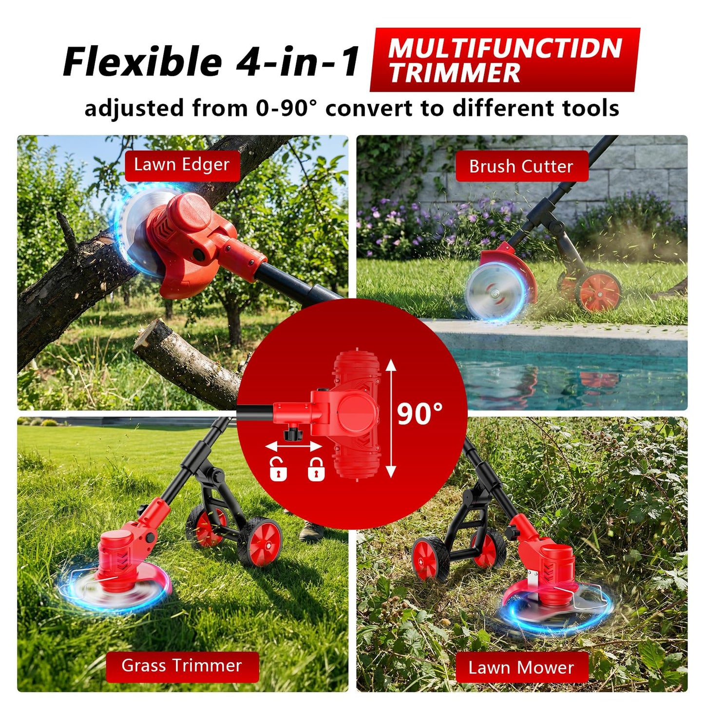 Electric Weed Wacker Cordless, 4000mAh Weed Eater Battery Powered with Wheel, 4 in 1 Grass Trimmer/Heavy Duty Brush Cutter/Lawn Edger/Weed Trimmer, No String Trimmer with Blade, 2 Battery Garden Tool