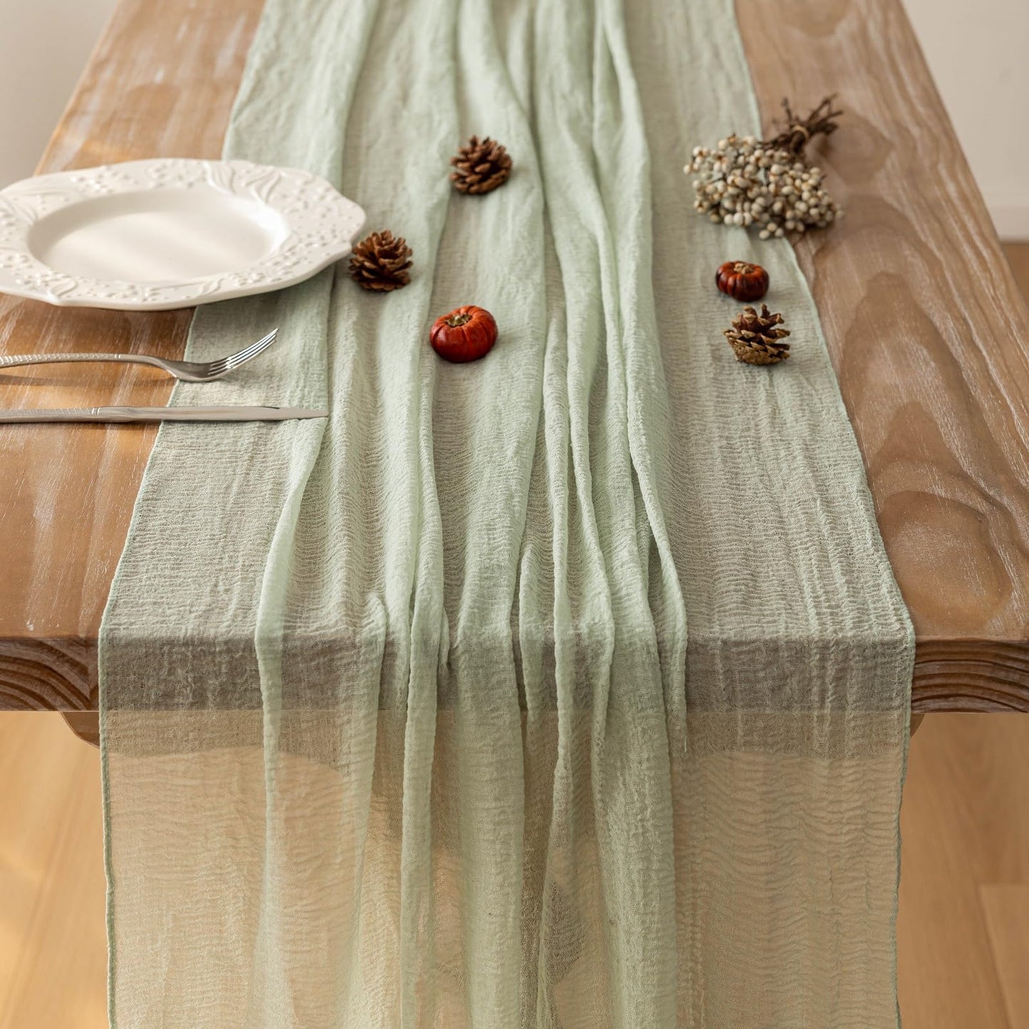 Keketoarrange Sage Green Table Runner Easter Decor Cheesecloth 120 Inch 10 FT Rustic Boho Cheese Cloth Runner for Wedding Baby Shower Bridal Shower Sheer Gauze Centerpiece Spring Home Decorations