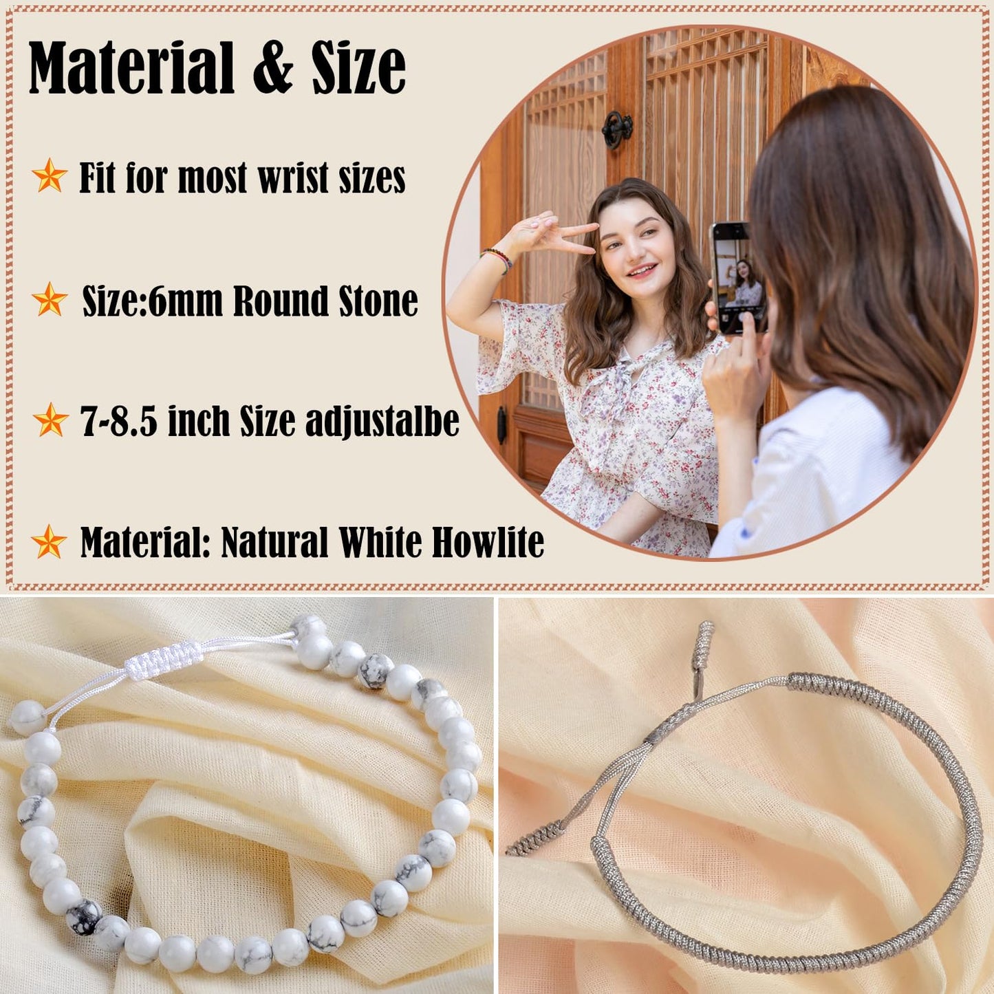 LPBeads 6mm White Howlite Bracelet with Handmade Rope Bracelet Size Adjustable Natural Stone Crystal Healing Bracelets Gifts for Unisex Adults