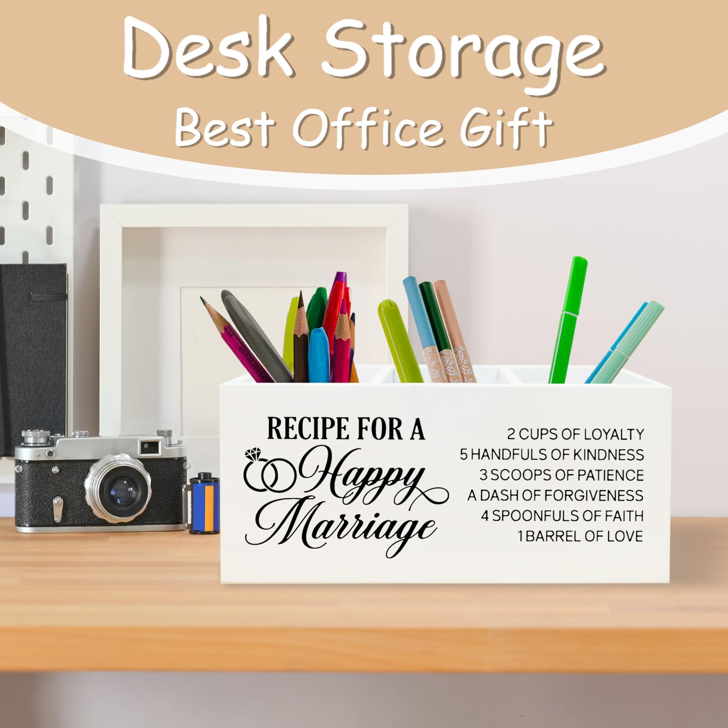 YTRGI Wedding Gifts for Newlyweds Couples Bride Groom Pen Pencil Holder Organizer for Desk, Just Married Gifts, Recipe for a Happy Marriage Wooden Box Block Sign for Home Tabletop Decor