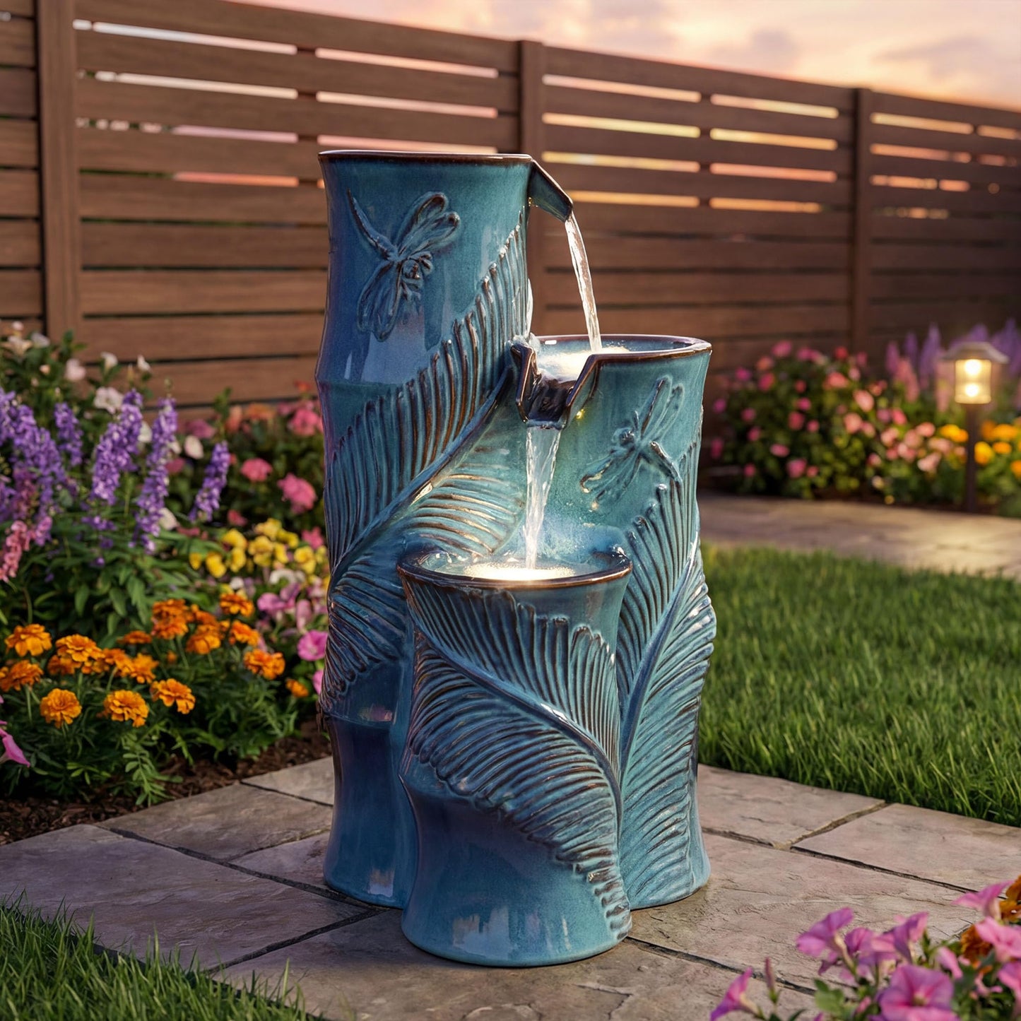 Autodaya Ceramic Outdoor Water Fountain with LED Lights, 25.5" H 3-Tier Bamboo-Style Water Feature with Tropical Leaf & Dragonfly Texture, Soothing Cascading Waterfall for Garden Patio Yard Oasis