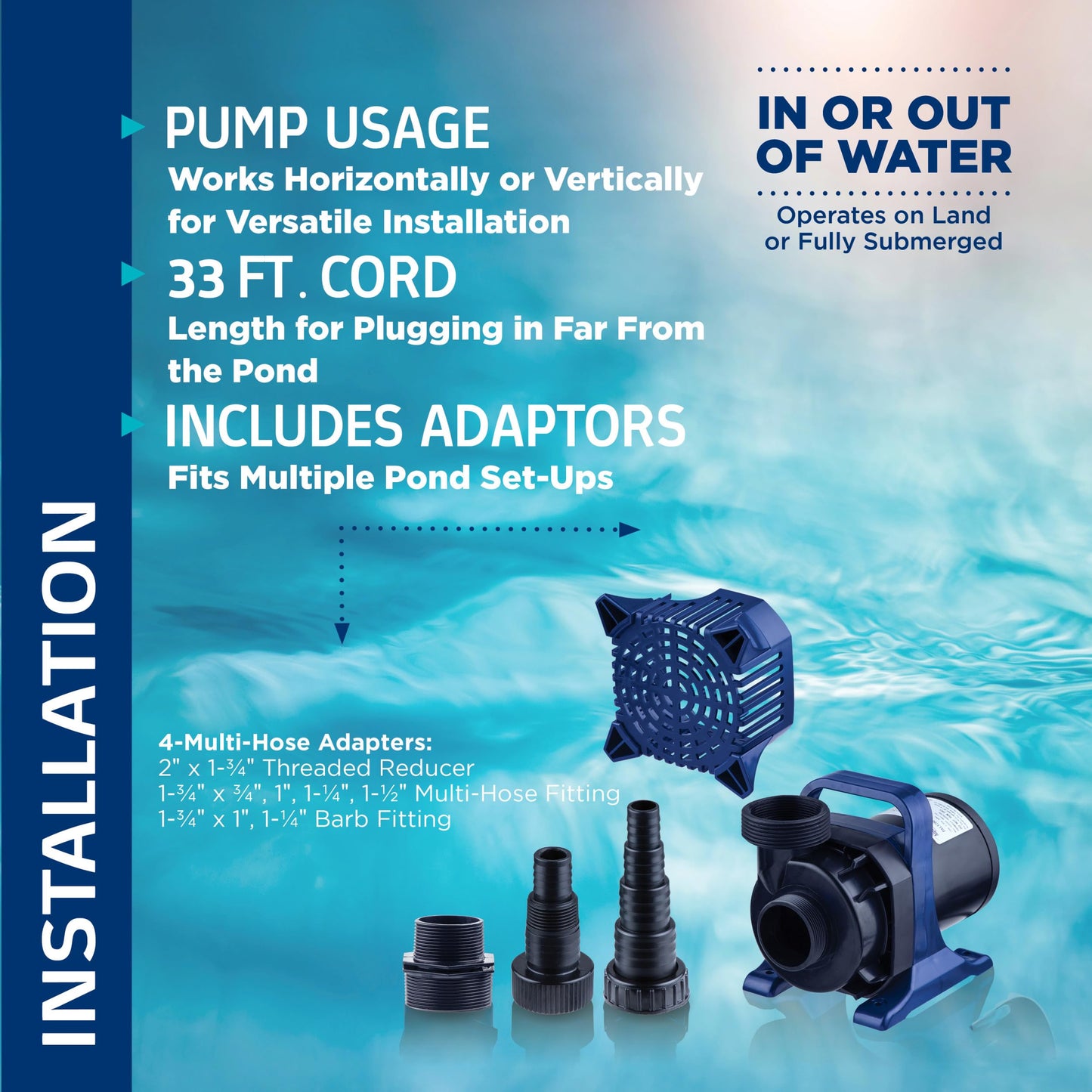 Alpine Corporation 4000 GPH Submersible Pump with 33 Ft Cord for Ponds, Fountains, Waterfalls, and Outdoor Water Features, 306W Quiet Motor, 21 Ft Lift, Multi-Angle Flow, Blue