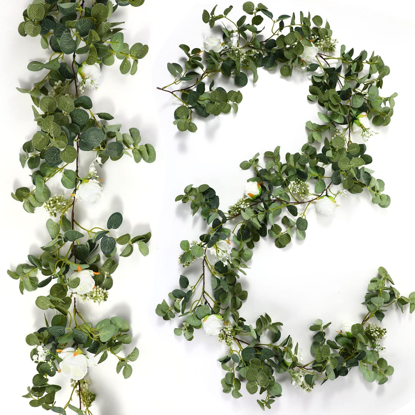 2 Pieces 6.5 ft Eucalyptus Garland with 20 LED Light Bar and Rose Flowers Artificial Eucalyptus Flower Vines for Wedding Arch Party Tables Centerpiece Backdrop Party Decor