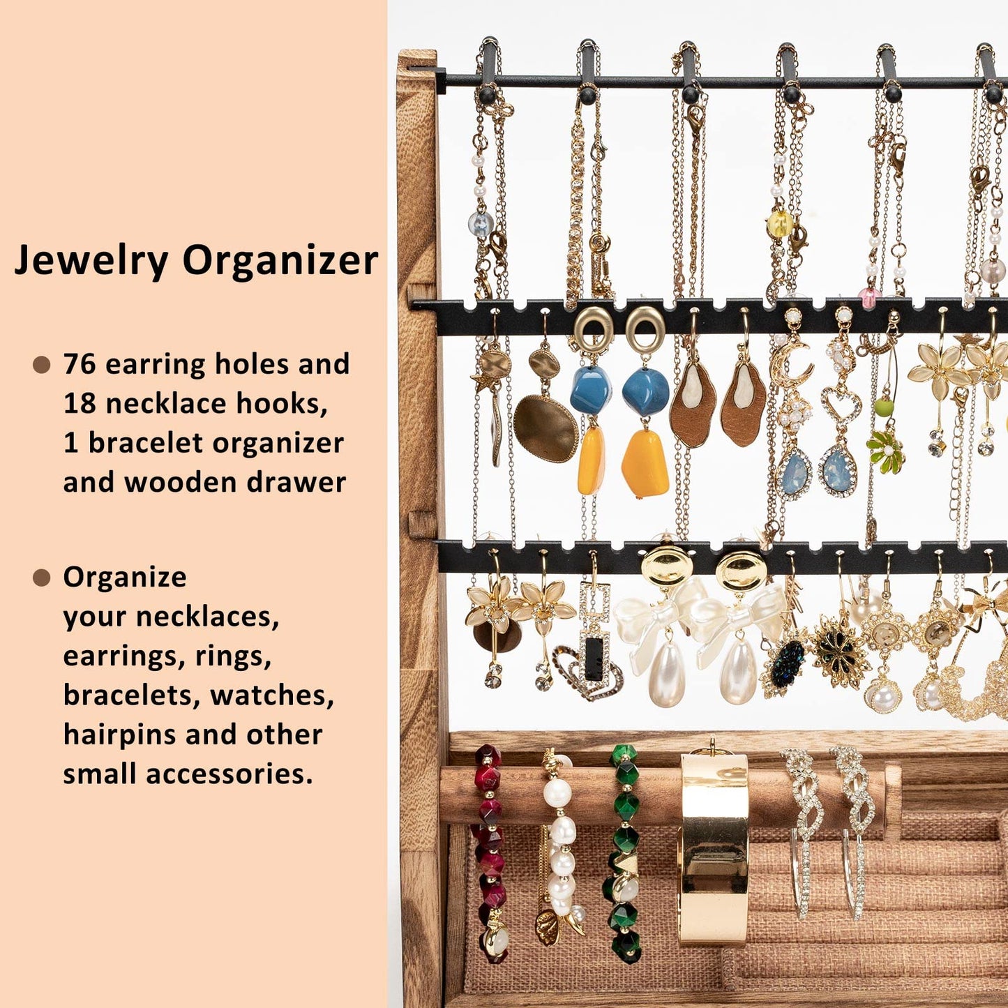 DGWJSU Jewelry Organizer Stand, 5 Layer Earring Holder Organizer with Necklace Holder, Rustic Wood Earring Organizer Display for Stud Earring Bracelet Necklace Ring, Watches