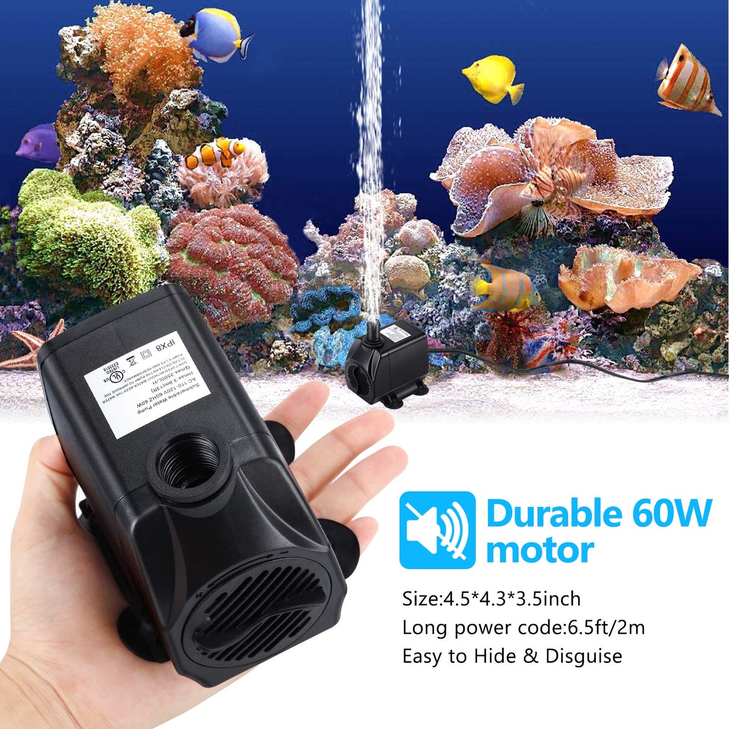 CWKJ Fountain Pump, 880GPH Submersible Water Pump, Durable 60W Outdoor Fountain Water Pump with 6.5ft Power Cord, 3 Nozzles for Aquarium, Pond, Fish Tank, Water Pump Hydroponics, Backyard Fountain