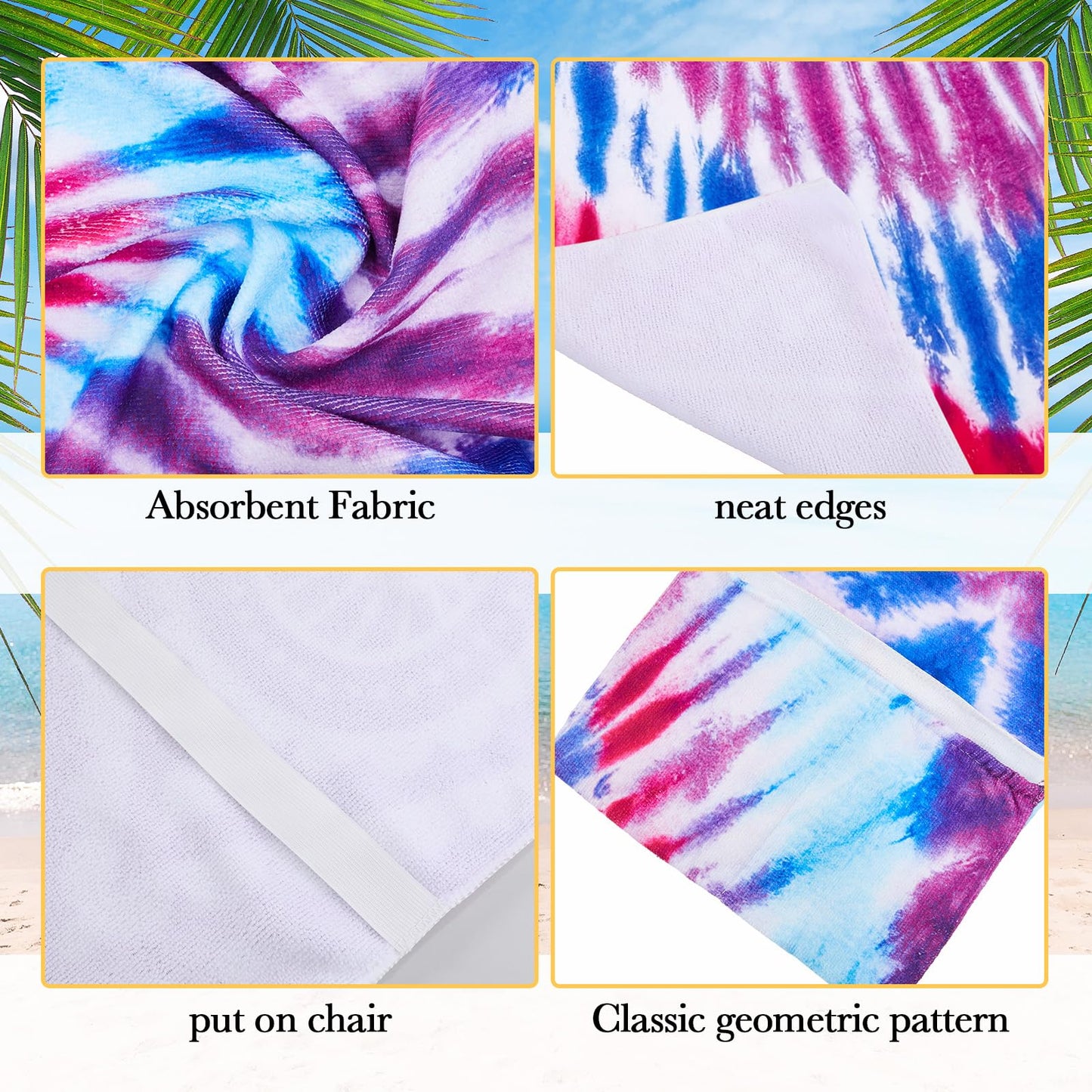Tudomro 4 Pack Lounge Chair Towel Cover with Pockets and 8 Clips, Chaise Lounge Pool Chair Cover Beach Towel for Outdoor, Garden, Hotel Pool, Sun Lounger, 82.7 x 28.7 Inch(Tie Dye Style)