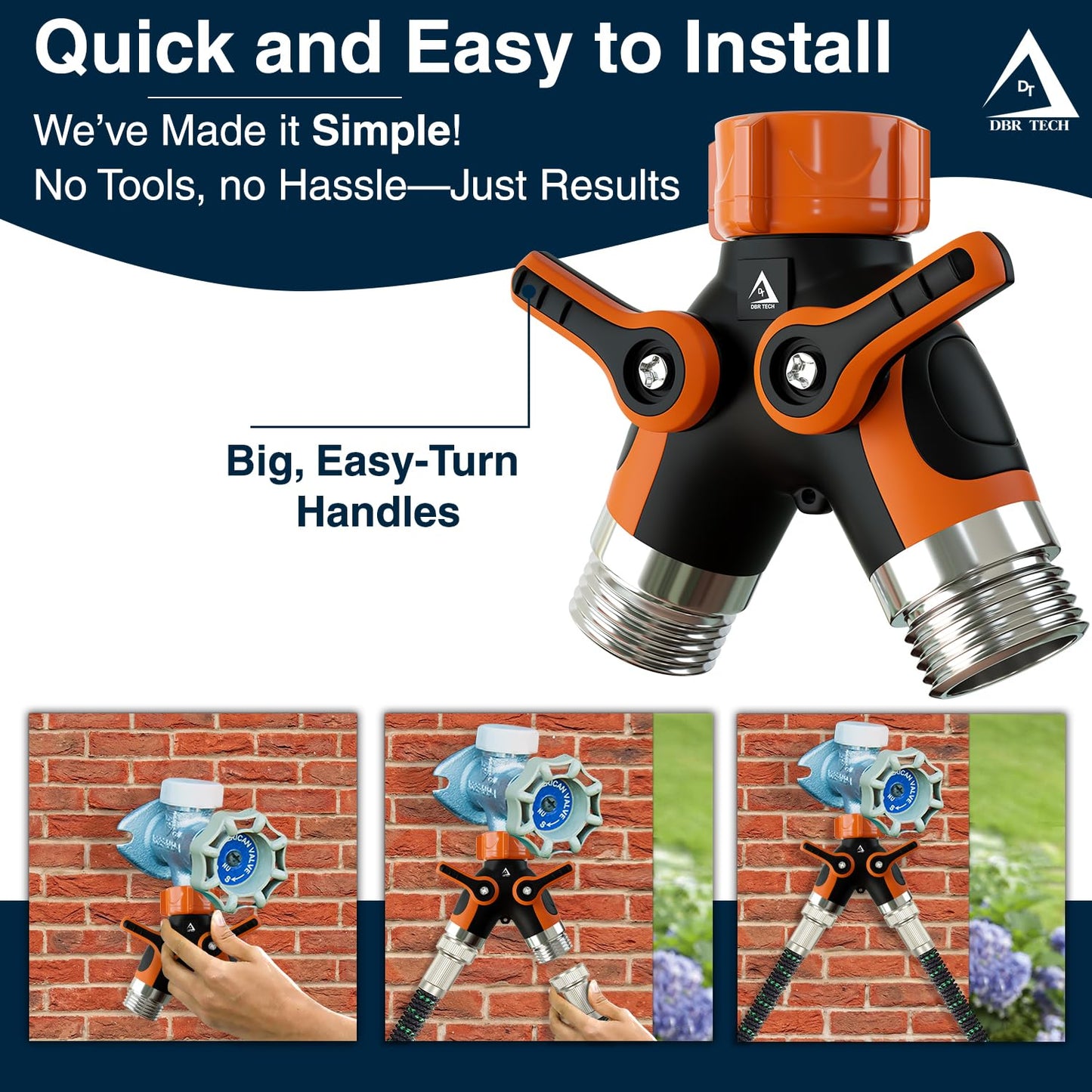 DBR Tech® Hose Splitter 2 Way, Heavy Duty Metal Connector, Two Way Garden Hose Splitter, High Flow Spigot Faucet Bib Adapter, Solid Double Y Shut Off Valve for Outdoor Gardening Hoses, Orange