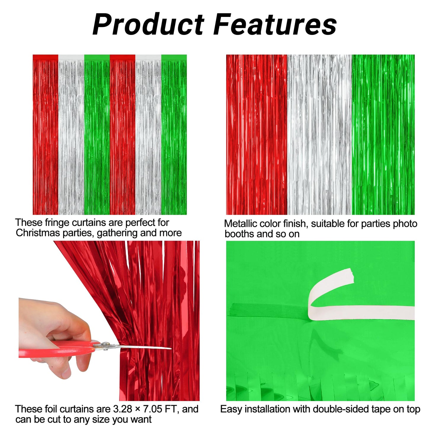2 Pack Christmas Backdrop, 3.28 FT x 7.05 FT Red Silver Green Party Streamer, Metallic Xmas Backdrop Fringe Curtains Foil Tinsel, Christmas Decorations Wall Decor Photo Booth Props