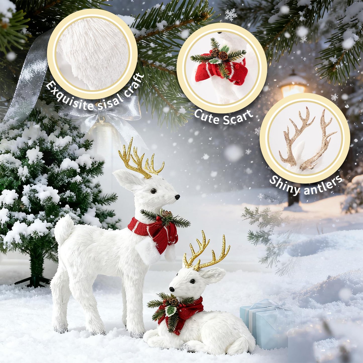 FTEJUWJ 2PCS Christmas Sisal Reindeer Decoration White Sisal Deer Silver Glitter Accented Reindeer Woodland Animals Figurines for Holiday Winter Centerpiece Christmas Tabletop Fireplace Decor (Gold)