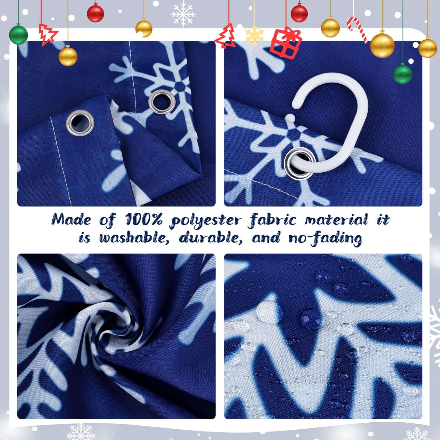 Christmas Shower Curtain: Blue White Snowflakes Christmas Bath Shower Curtain Set with Hooks, Serene Winter Snowflake Merry Xmas Fabric Bathroom Decorations for Home Farmhouse Window Indoor Decor