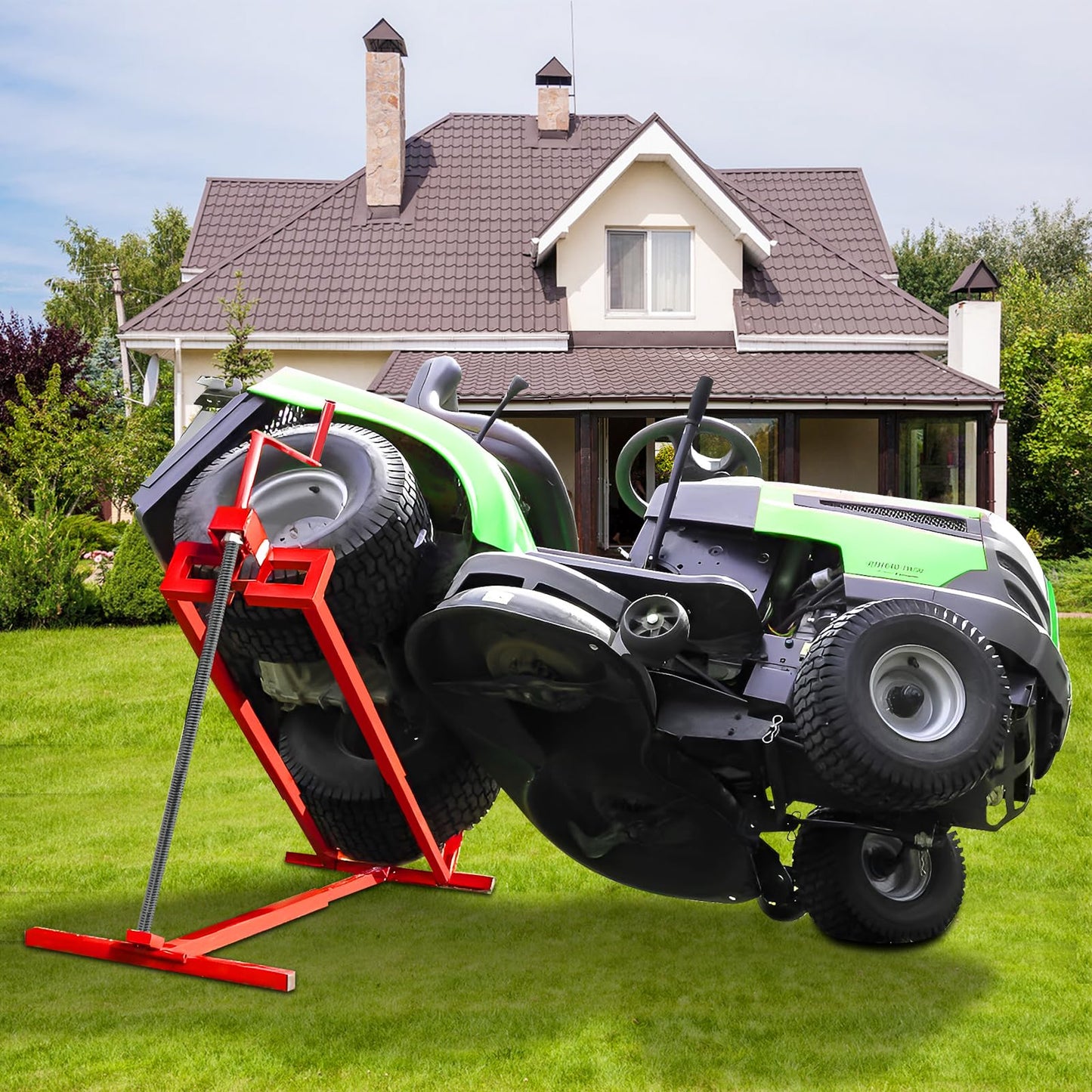 LESANM Lawn Mower Lift Jack, Lifting Platform 882 Lbs Capacity Telescopic Maintenance Jack for Garden Tractors and Riding Lawn Mower with Manual Handle & Power Tool Extension Handle - Red
