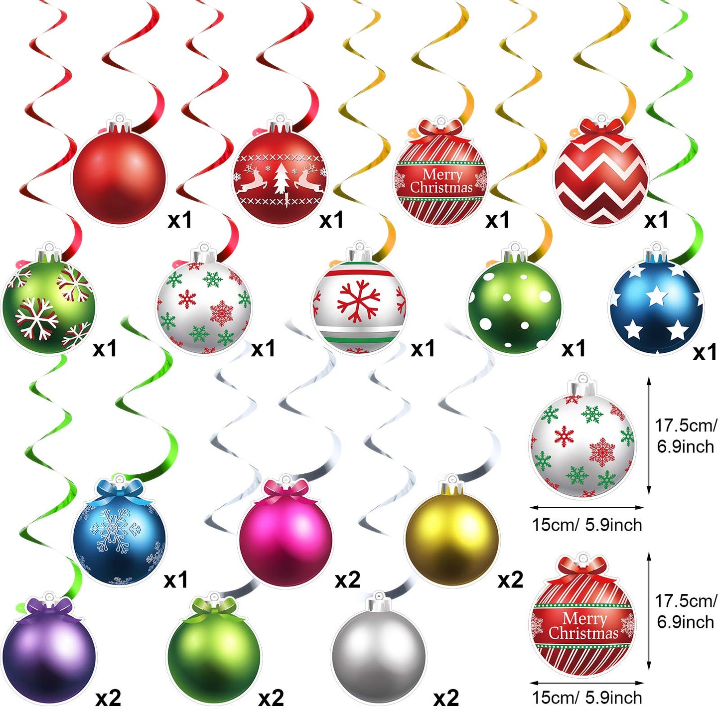50 Pcs Christmas Foil Hanging Decorations Set Swirl Xmas Holiday Light Bulb Ball Hanging Swirls Ceiling Decorations for Indoor Outdoor Xmas Holiday Party Supplies