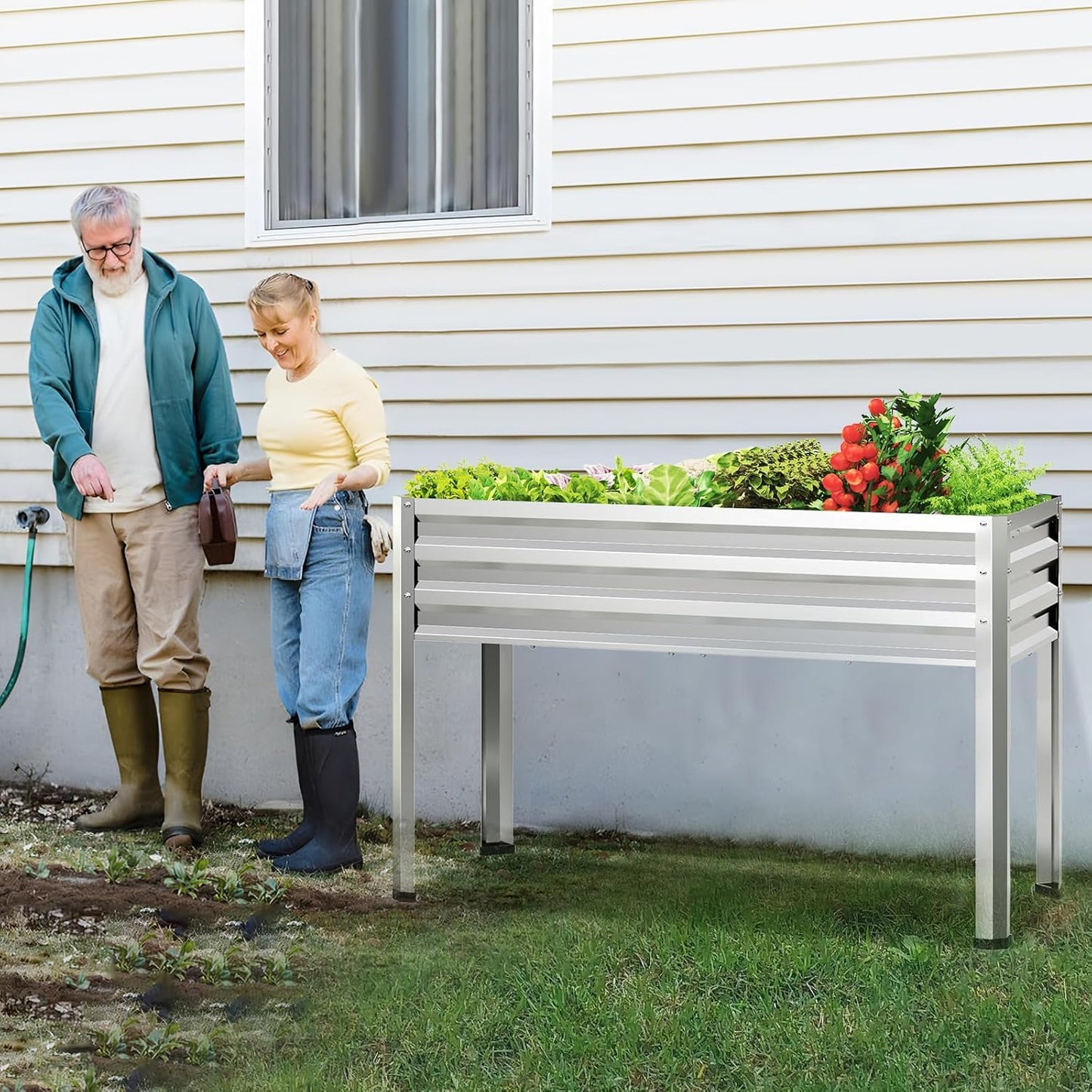 FOYUEE 2PCS Galvanized Raised Garden Bed with Legs, 48 gallons, 48"x24"x32" Large Metal Elevated Planter Boxes with Drainage Holes,for Vegetables, Flowers, Backyard, Patio, Balcony