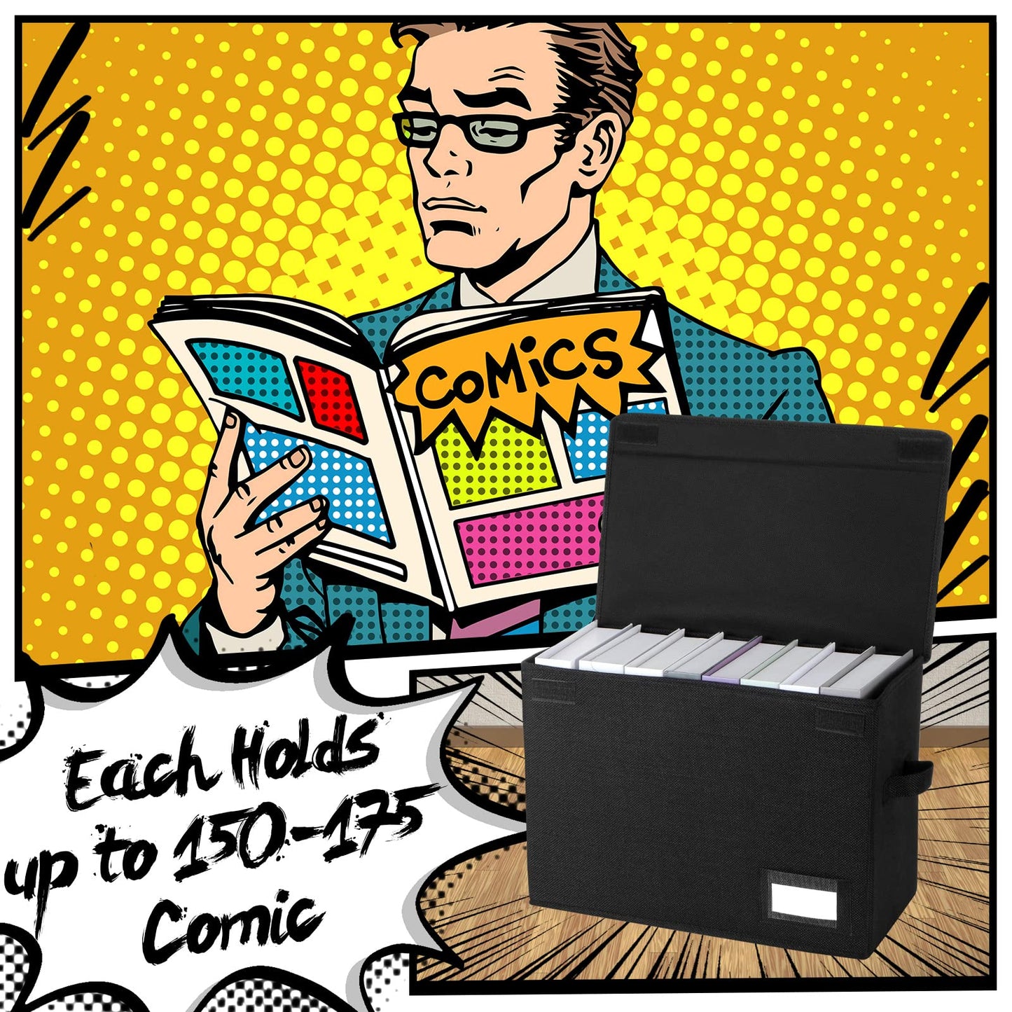 Chuangdi 6 Pcs Comic Book Storage Boxes, Back to School Collapsible Comic Short Box Case with Lid, 15.8 x 7.9 x 11.4 Inch Book Bin Container Holds 150 Comics(Black)