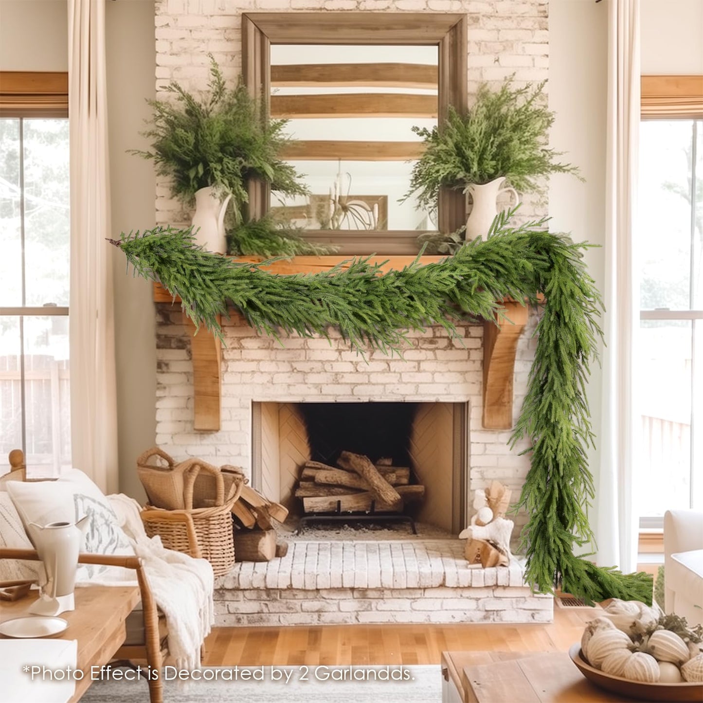 WBHome 2 PCS 9FT Real Touch Norfolk Pine Christmas Garland, Winter Greenery Garland for Christmas, Holiday Seasonal Outdoor/Indoor Home Decor