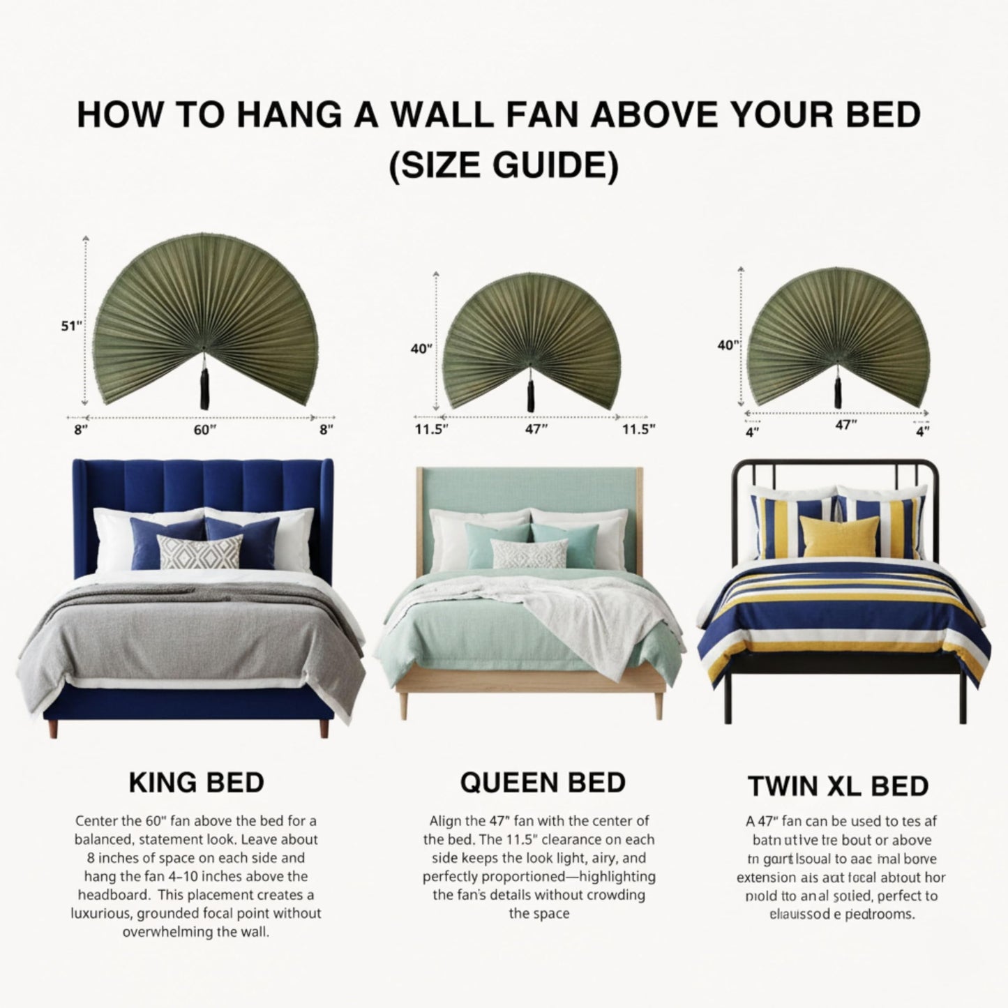 SUCHUBU Bamboo Fan Wall Decor Japanese Hanging Art Headboard, Boho Folding Asian Style, Natural Ivory Home Aesthetic - Lightweight Easy to Hang over Bed Decor (Green, Large)