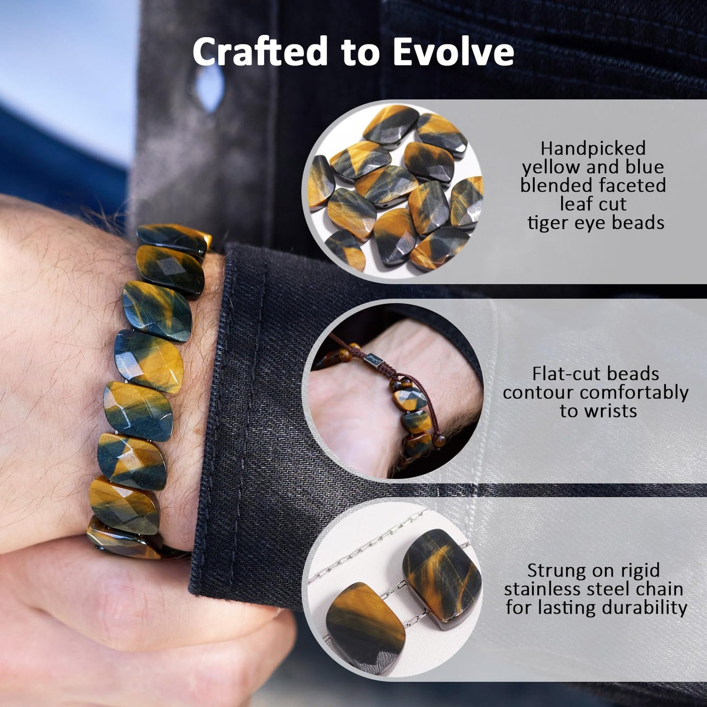 GALKCRST Mens Tiger Eye Bracelet, Unique Leaf Cut Yellow and Blue Tiger Eye Beads, Genuine Premuim Handmade Mens Beaded Bracelet, Grounding and Protection Energy Stone Bracelet for Him